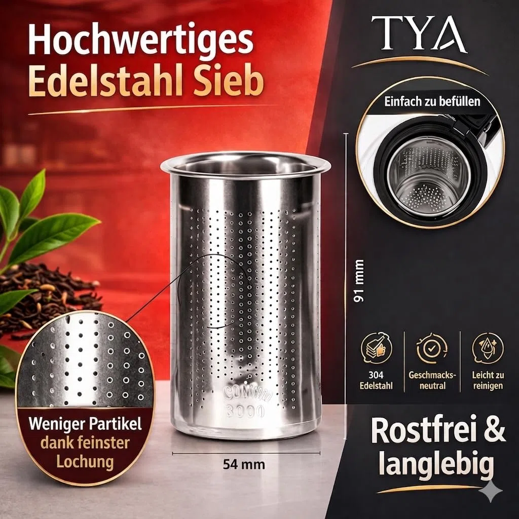 TYA I NS Teekanne aus Glas mit herausnehmbarem Sieb aus hitzebeständigem Edelstahl, 1250ml,mit Teesieb und Überhitzungsschutz, ideal für die Zubereitung von losem Tee, Teapot