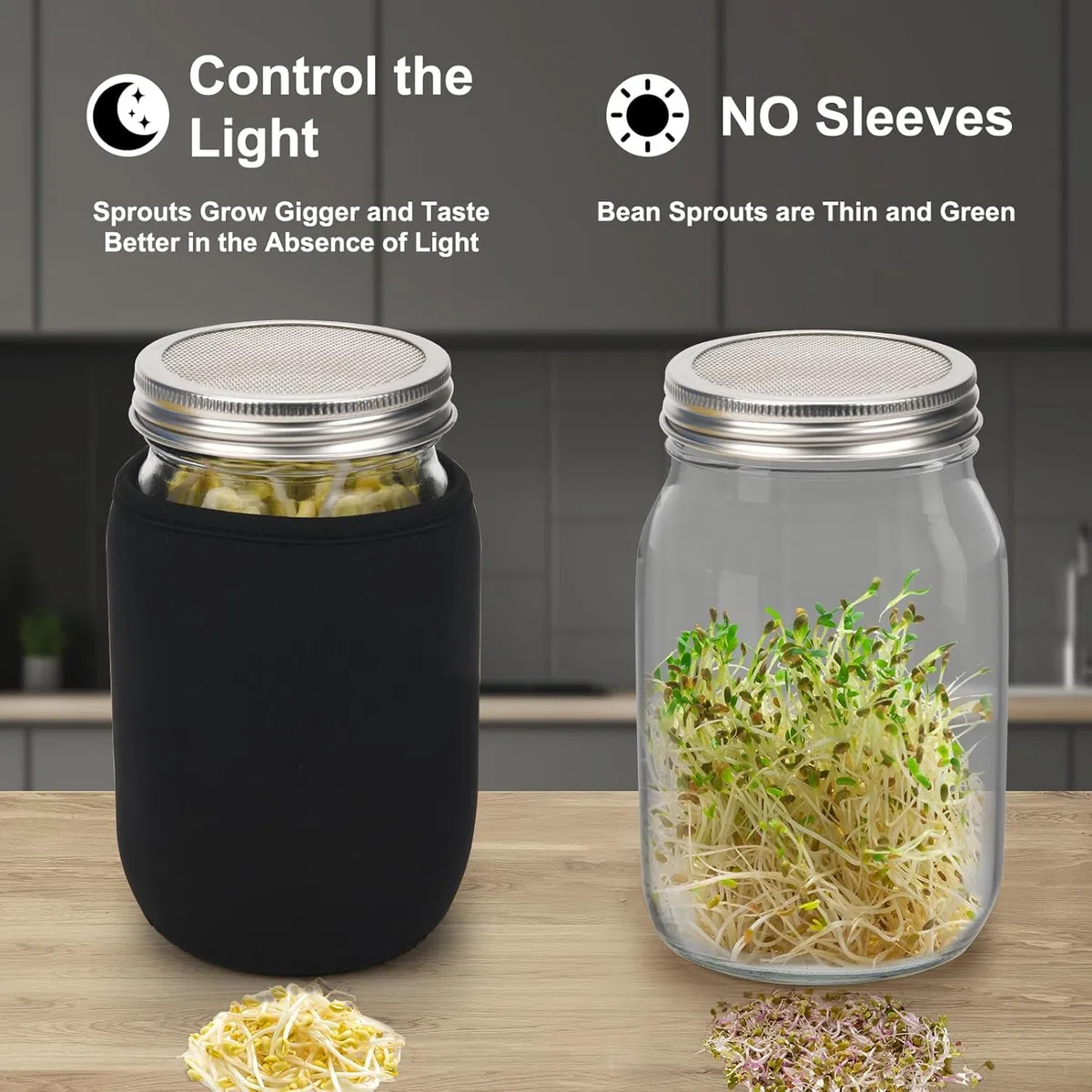 Sprossenglas, Sprossen Keimglas 2er Set, Sprouting Jar mit Deckel, Sieb & Abtropfschale, Sprossen Keimgerät für Alfalfa Kresse Brokkoli Mungobohnen