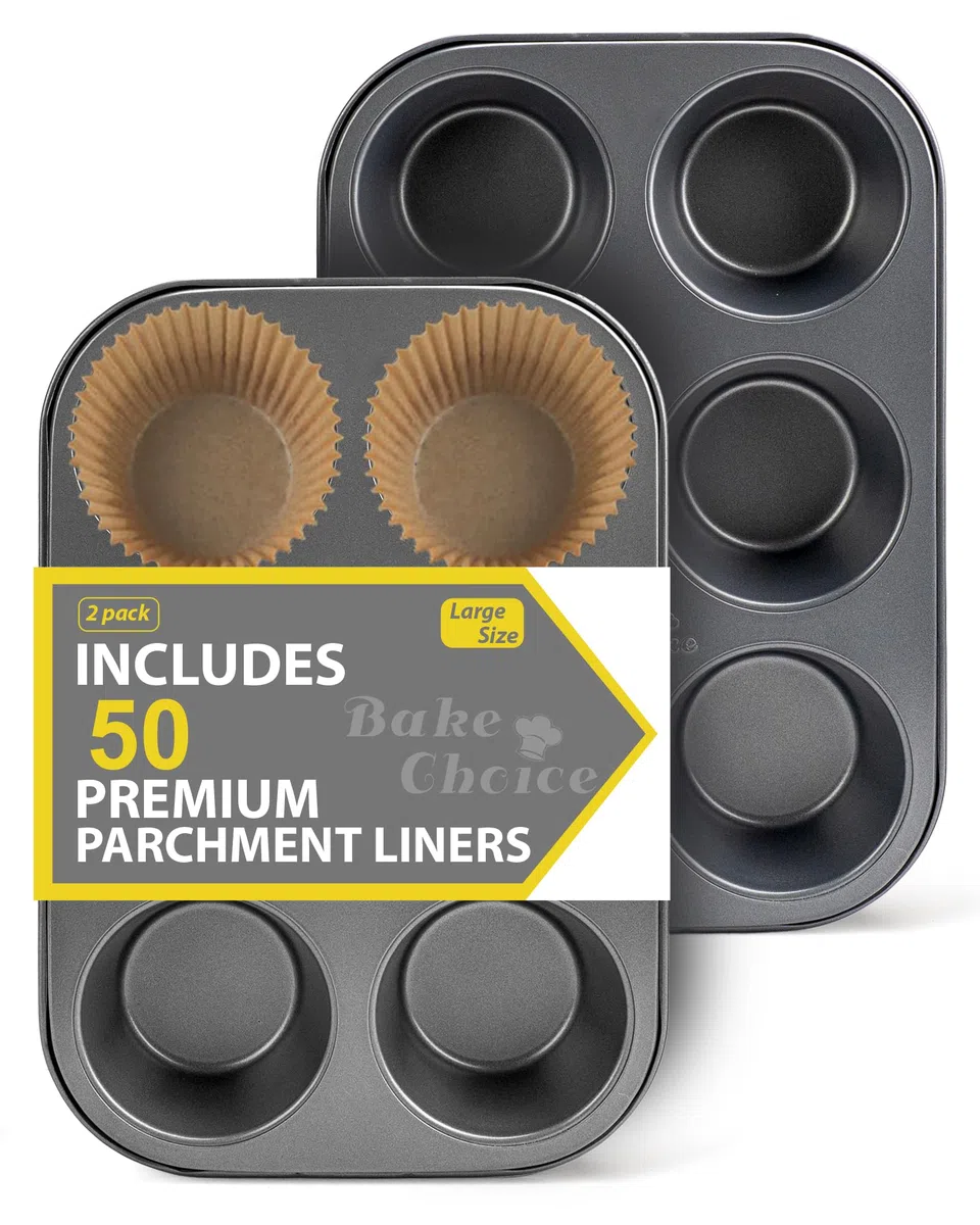 Bake Choice 2 Pack Jumbo Muffin Backform, mit 50 Natürlicher Jumbo Muffinförmchen Papier, 6-Fach Antihaft-Muffinform, Backform Set aus Kohlenstoffstahl