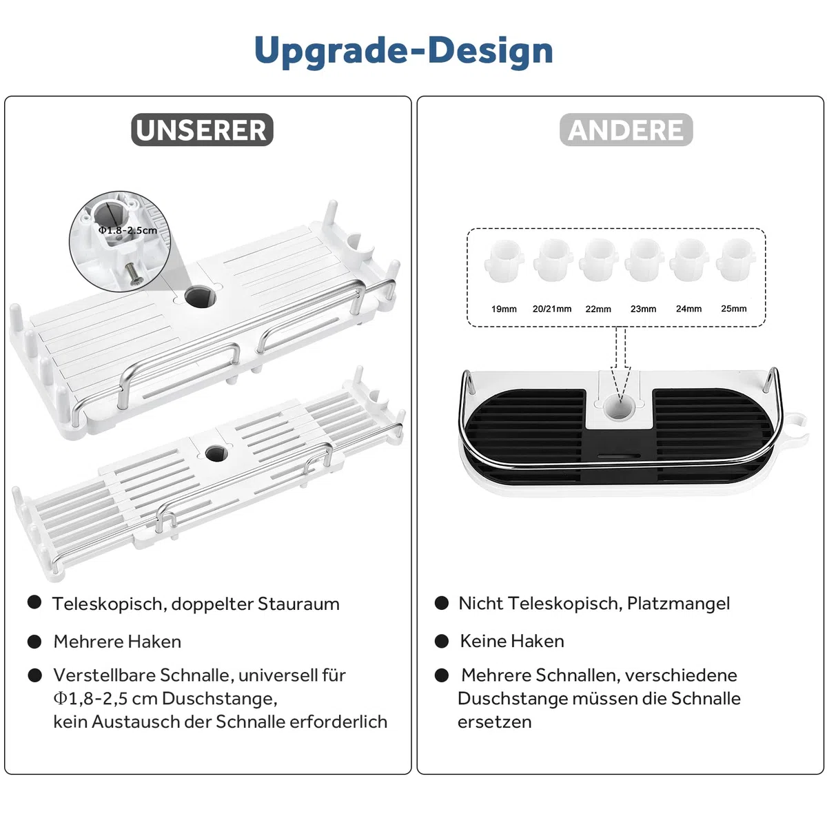 Duschablage Ohne Bohren Teleskopisch 32-48cm, Duschablage zum hängen Badezimmer Organizer, Duschregal Ohne Bohren, Duschstangen-Aufbewahrungsregal für 18 mm-25 mm Duschstange (Weiß)