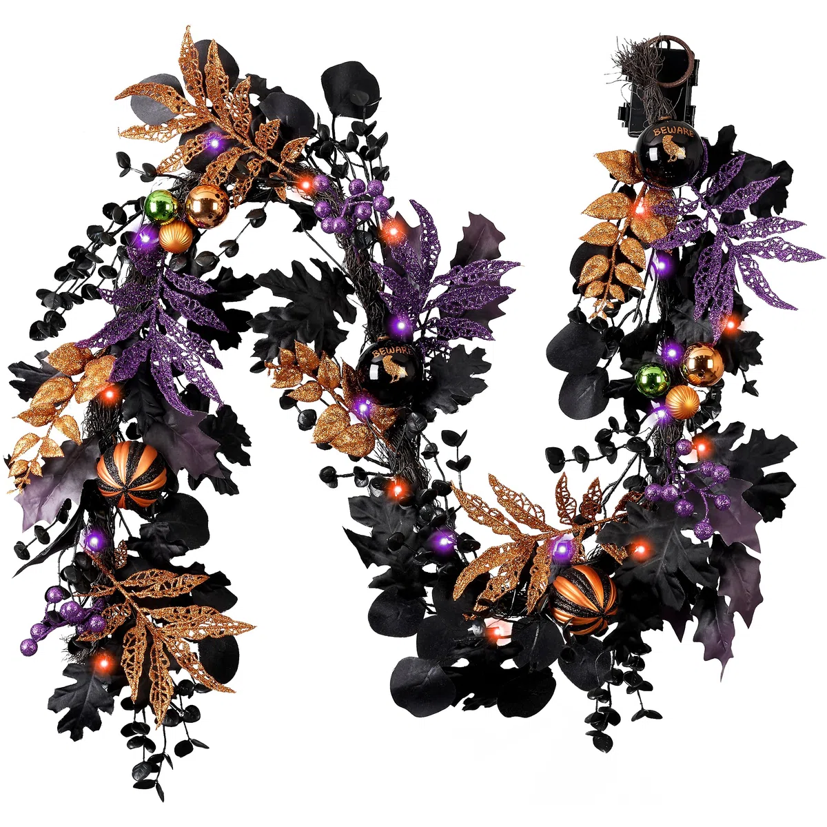 Valery Madelyn Halloween Deko, 150cm Halloween Girlande mit Freche Leckerbissen und bruchsichere Kugeln Ornamente mit Led Licht und Timer für Haustür, Wanddeko, Party