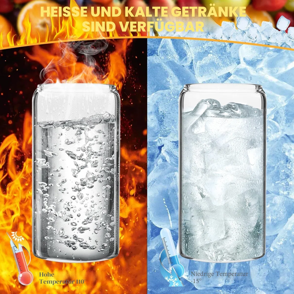 4 Stück Glas mit Deckel und Strohhalm, 500 ml/16oz Trinkglas mit Deckel, Iced Coffee Glas für Cocktails, Eiskaffee, Soda, Säfte