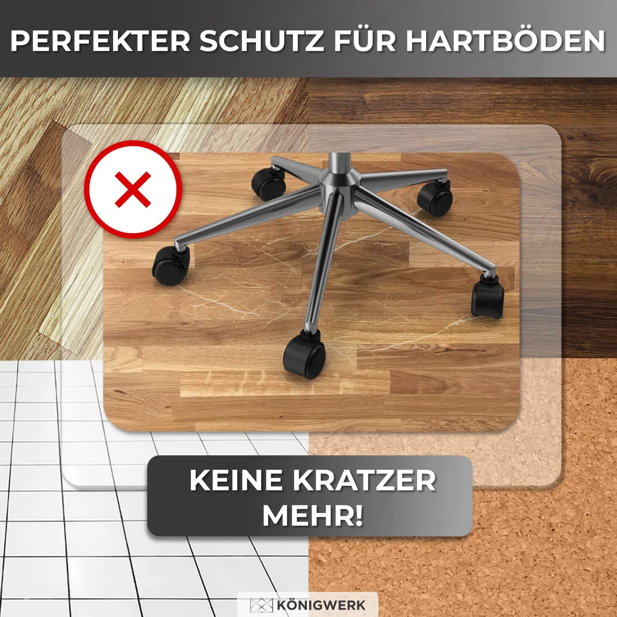 Königwerk Bodenschutzmatte Bürostuhl versch. Größen - Bürostuhl Unterlage rutschfest in milchweiß - Made in Germany - 90 x 120 cm