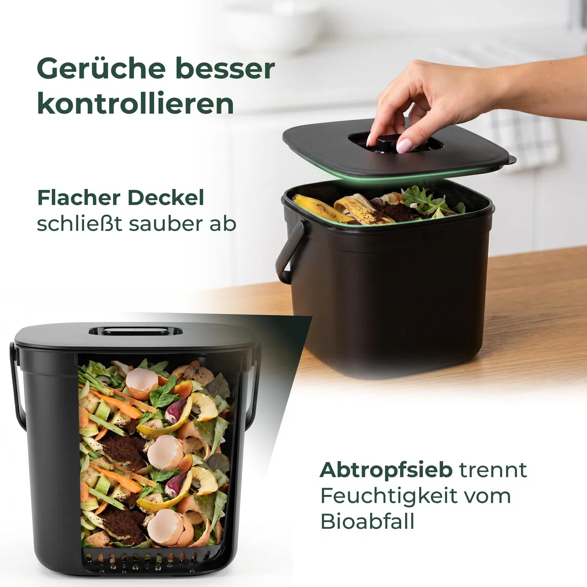 Novaliv Bio-Tischmülleimer 5L Schwarz mit Sieb, Komposteimer Küche mit Klappdeckel & Tragegriff, Biomülleimer klein & hängend für Schranktür, BPA-frei, stapelbar