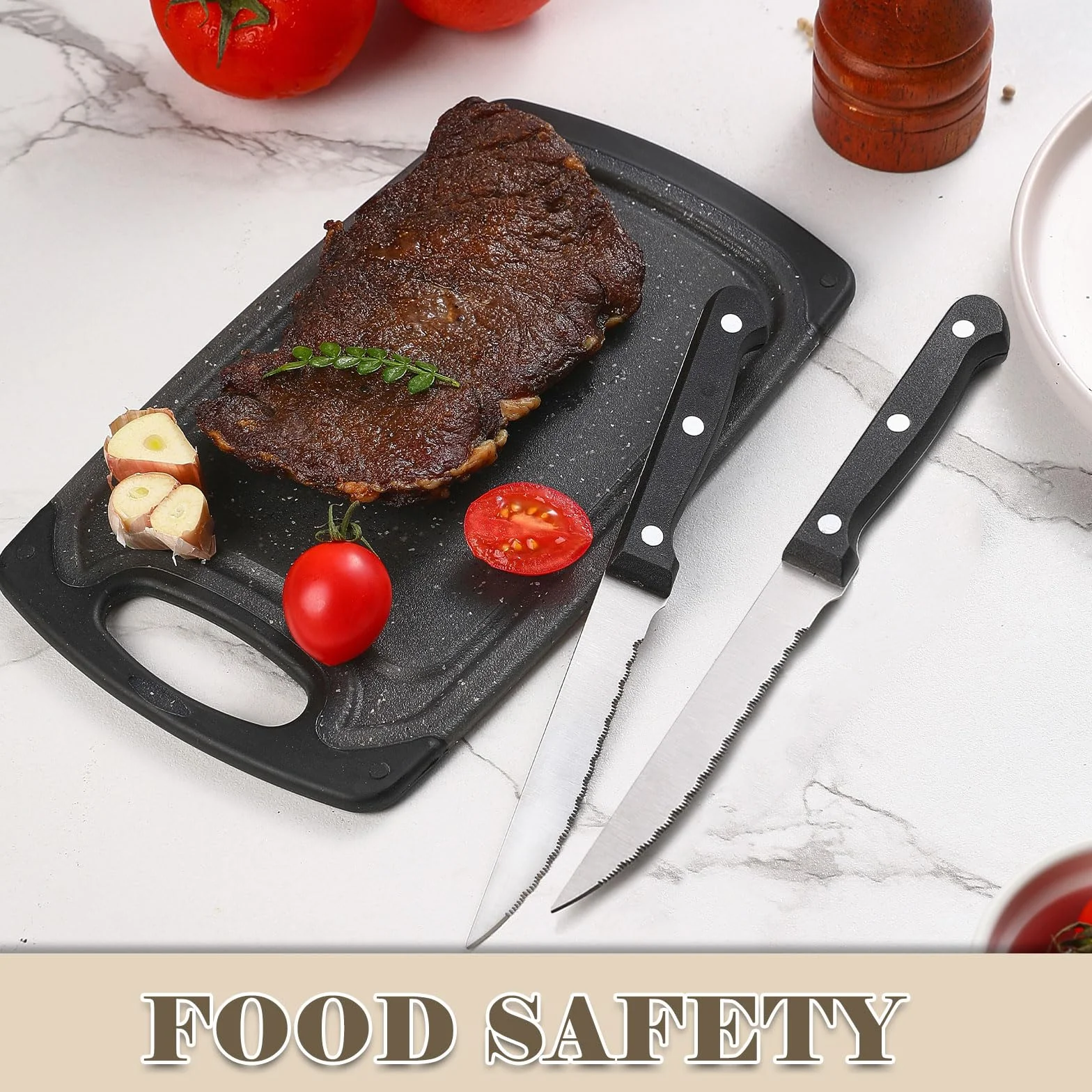 Frühstücksbrettchen 6er Set mit 6er Steakmessern, 25x15cm Kleines Dunkelgrau Frühstücksbrettchen Kunststoff Set, BPA frei, Antibakteriell, Rutschfest mit Saftrille, Spülmaschinenfestes