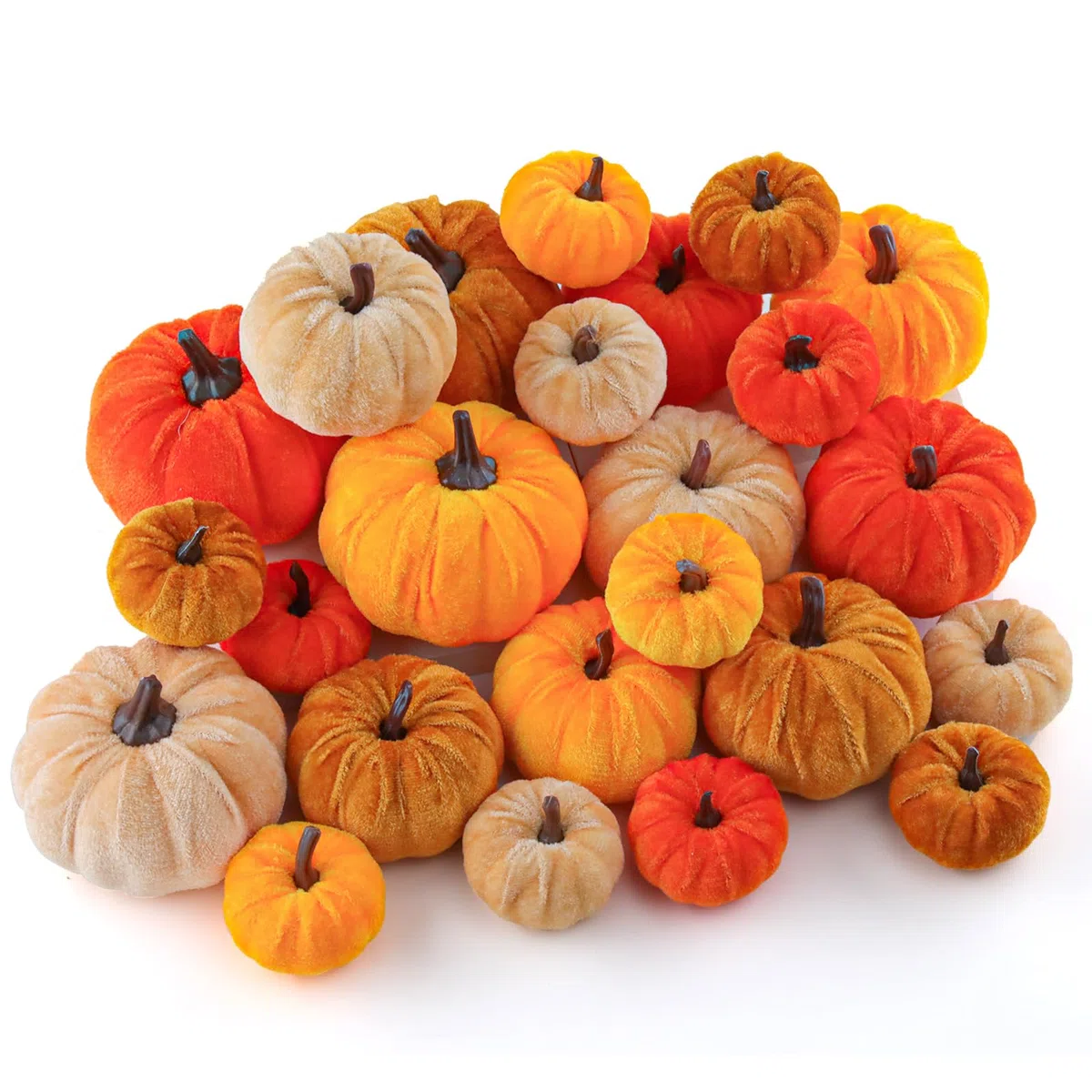 24 Stück Kürbis Deko Set, Halloween Deko Kürbis, Herbstdeko Innen, Künstliche Kürbisse, Mini Kürbisse in Orange Braun Beige für Tischdeko Erntedank Hochzeit Party Herbstfest Pumpkins