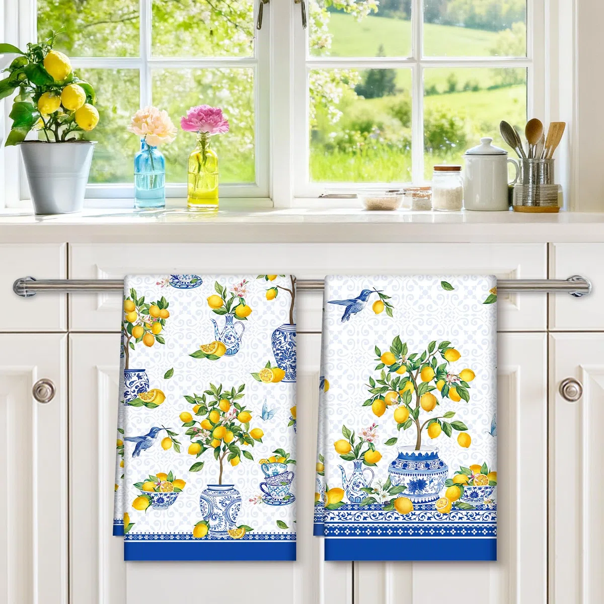 Zitrone Geschirrtücher 2er, Blau Sommer Küchentücher 100% Baumwolle Dekorative Trockentücher Saugstarke Geschenk für Urlaub Einweihungsfeier Dekoration 48 cm x 70 cm