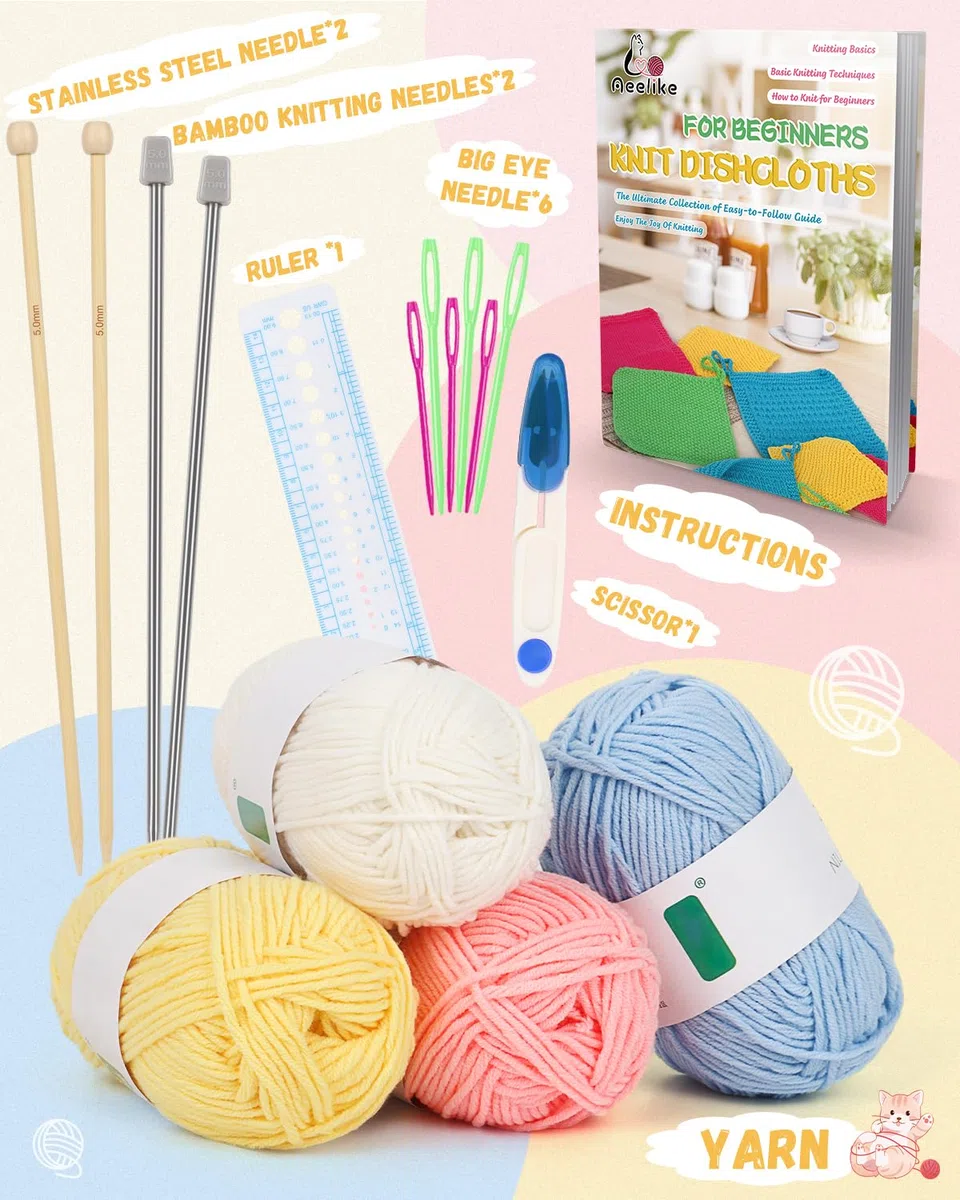 Aeelike 4 Muster Strickset für Anfänger, Strick Lumpen Set mit Stricknadeln 5,0mm, 5Ply Strickgarn, Zubehör, Praktisch und schön Lappen Strickset mit Anleitung, Strickn für Anfänger Profis Set Hell
