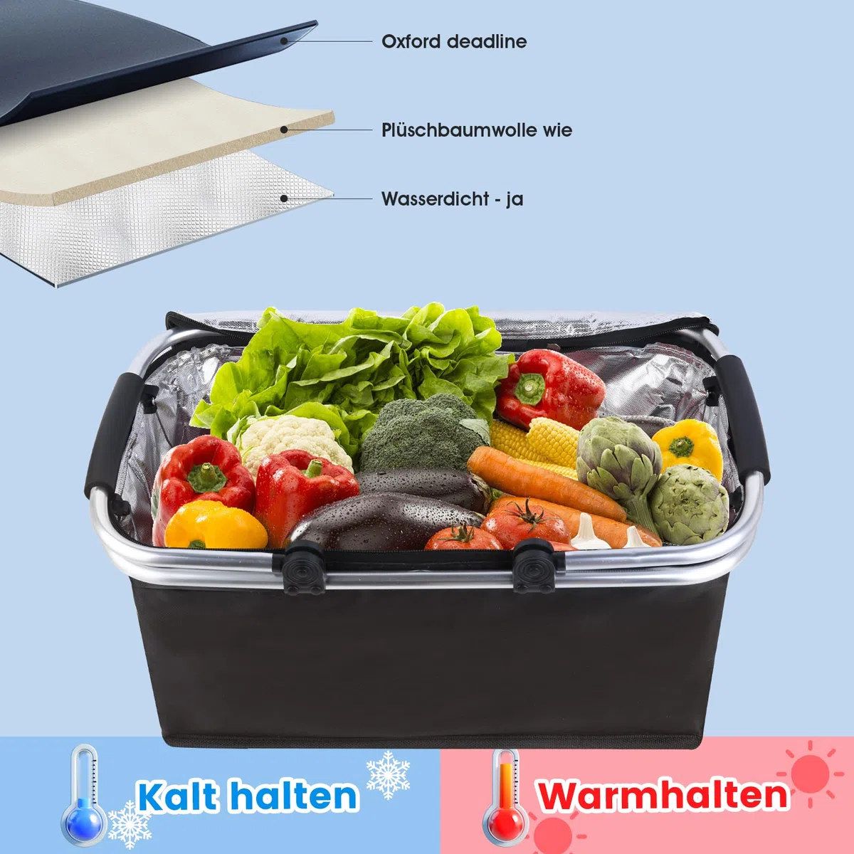 AOKLEY 30L Kühlkorb Einkaufskorb mit Deckel isoliert faltbar Picknickkorb | Isolierter Reißverschlussdeckel Alu Klapprahmen 2 Henkel faltbare Stützstange Picknick Kühltasche Thermo Kühlfunktion Schwarz