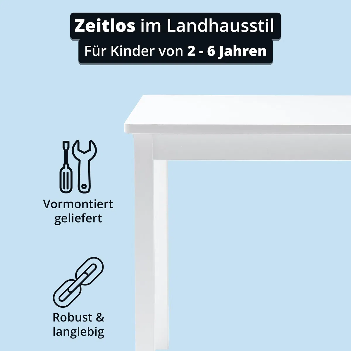 KHG Kindertisch Massivholz lackiert weiß Landhaus für Kinderzimmer, 4-Fußgestell, Pflegeleichte Oberfläche, robust, kindgerechte Höhe 66 x 51 x 50 cm
