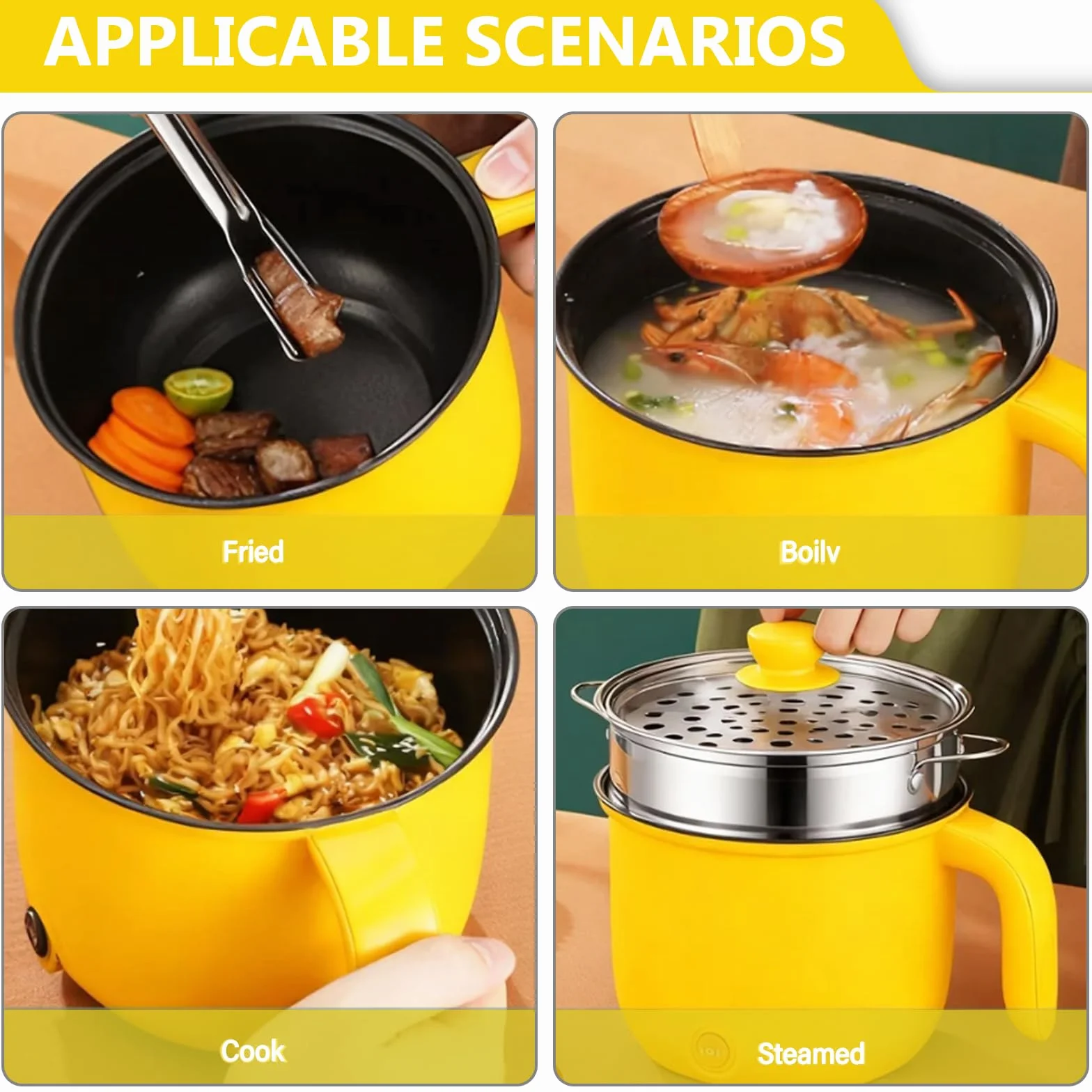 Elektrische Hot Pot mit Dampfgarer, Hotpot Topf Elektrischer Mehrzweckpfanne Mini Tragbare Antihaft Multikocher, Electric Bratpfanne Schneller Ramen Kocher für Steak/Nudeln/Suppe/Ei/Hafer