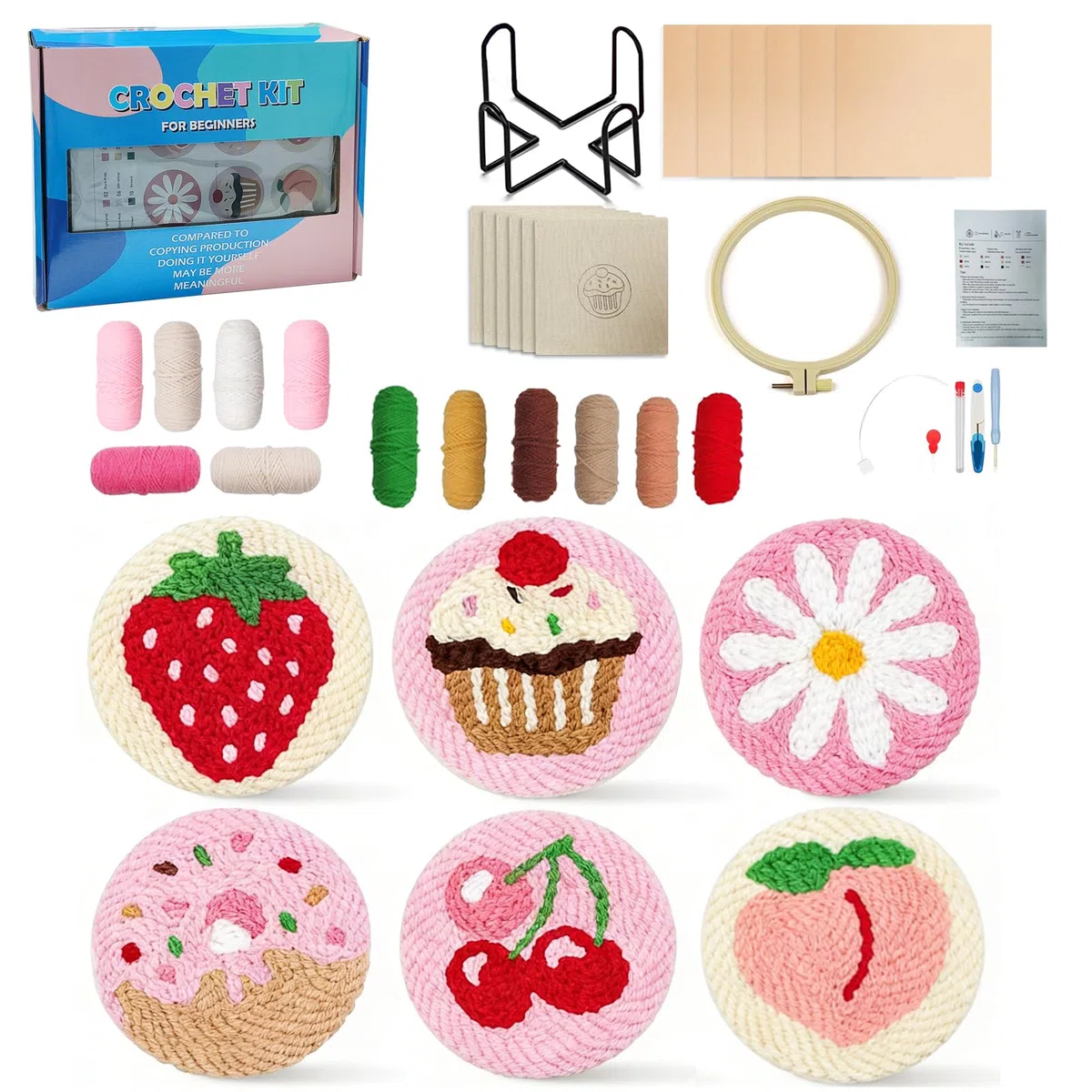 BOYIFEIJIE Punch Needle Set für bunte DIY-Untersetzer, Kreatives Bastelset zum Sticken für Erwachsene & Anfänger mit Motivstoff, Stickrahmen, Garn & Anleitung (Weiß)