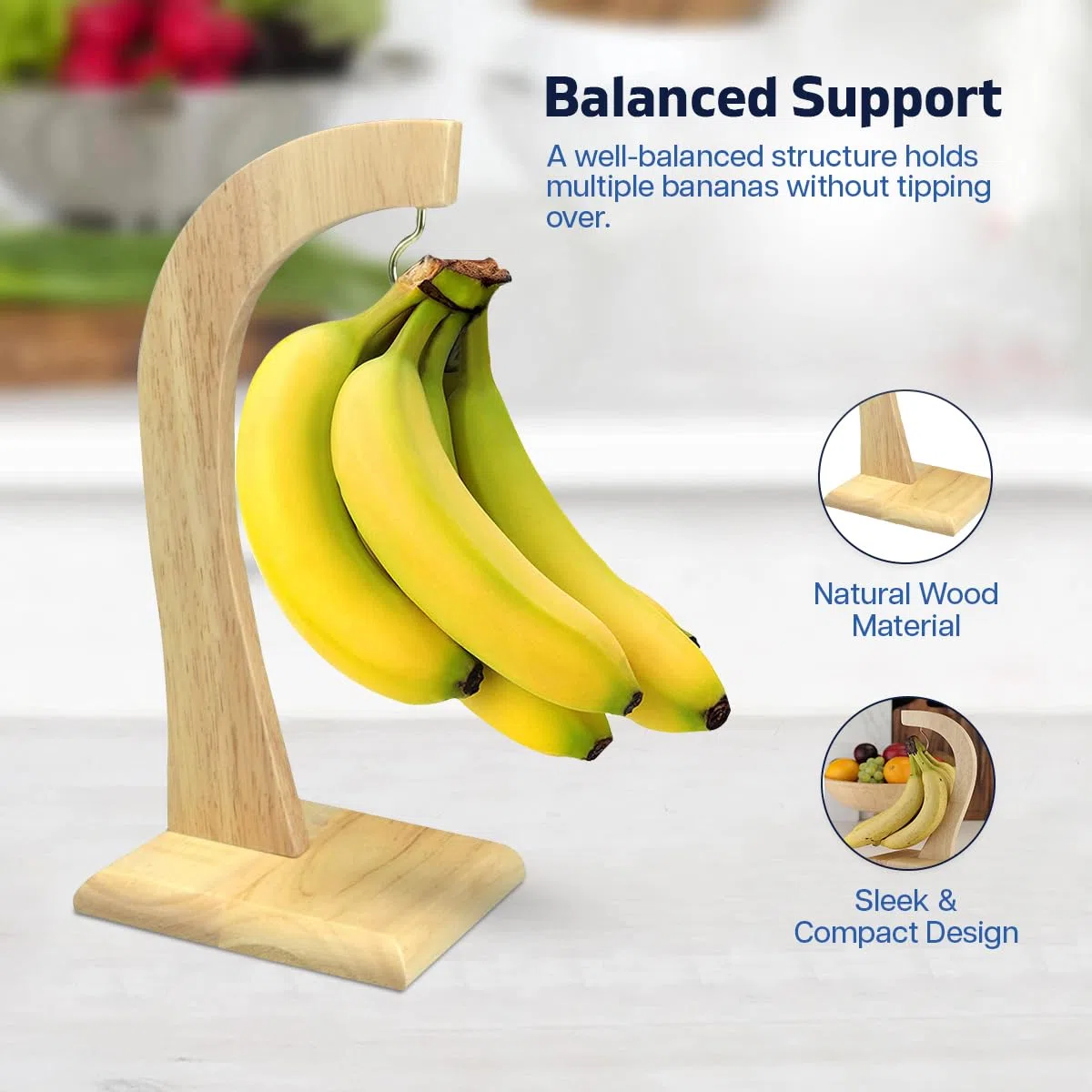 Besto Bananenhalter Ständer | Bananenaufhänger mit Gummi-Holzständer | Obstständer für Küchentheke | Bananenbaumständer mit Metallhaken | Bananenständer um Bananen frisch zu halten