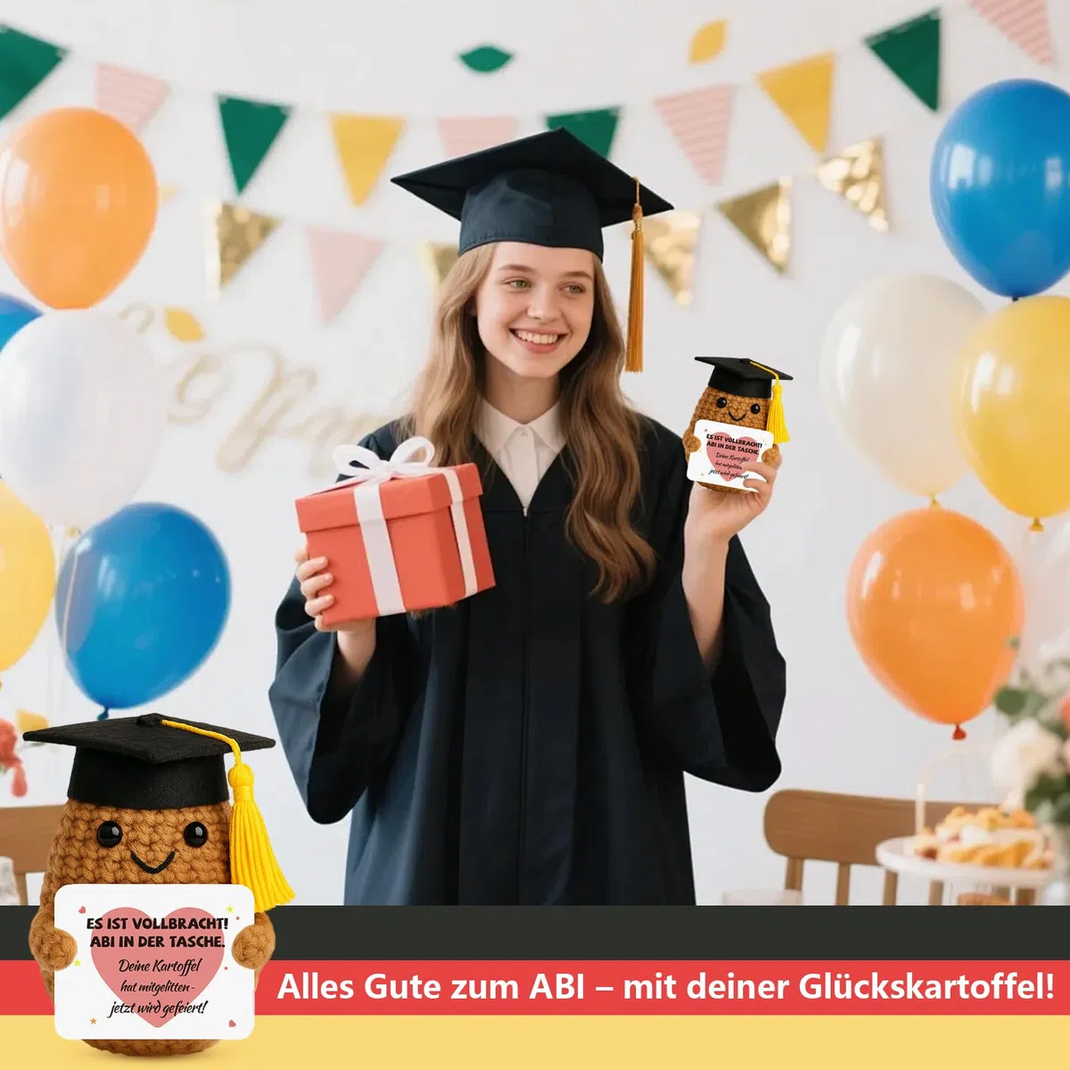 Abitur Geschenke 2026 - Positive Kartoffel, Pocket Hug Strickwolle Glückskartoffel mit ABI Glücksbringer Prüfung & Grußkarte, Abitur 2026 Geschenke für Mitschüler und Freunde