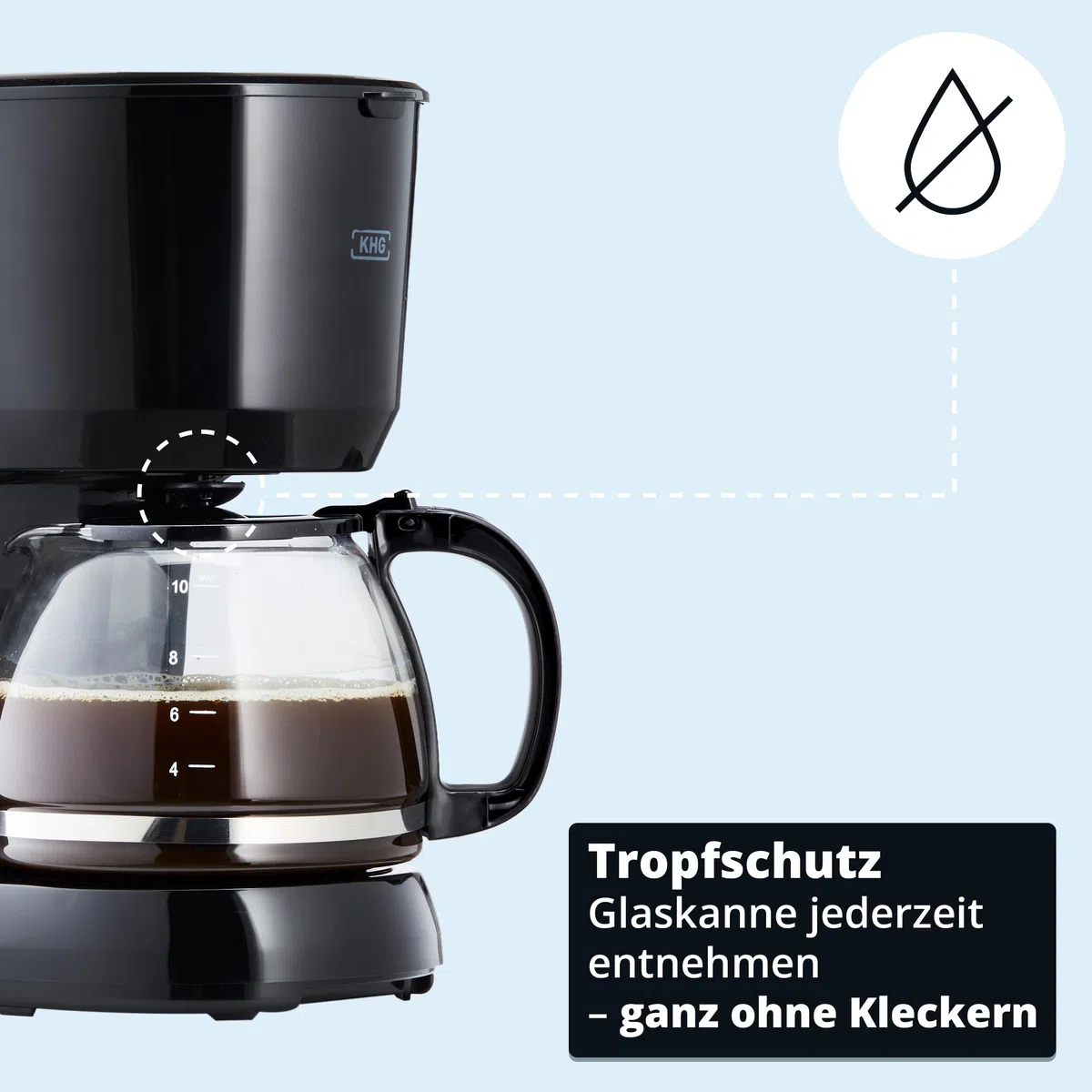 KHG Kaffeemaschine KA-128S in schwarz, Filterkaffeemaschine, inkl. Glaskanne, Permanentfilter, Warmhaltefunktion, Abschaltautomatik & Tropfstopp, schwarz, 1,25 Liter, 10 Tassen, 750 Watt