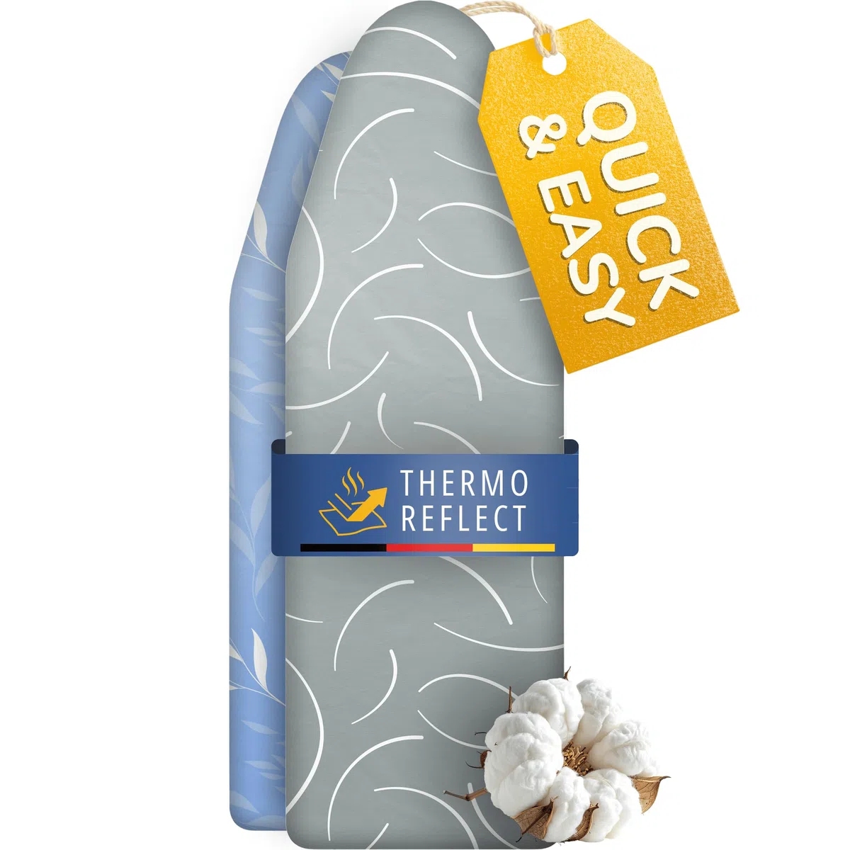 Turbo Bügelbrettbezug passend für 120x40 cm, 120x45 cm und bis 125x45 cm –– Hitzereflektierend für schnelleres Bügeln – einfache Montage mit Gummizug – 2X Komfortpolsterung | Größe M