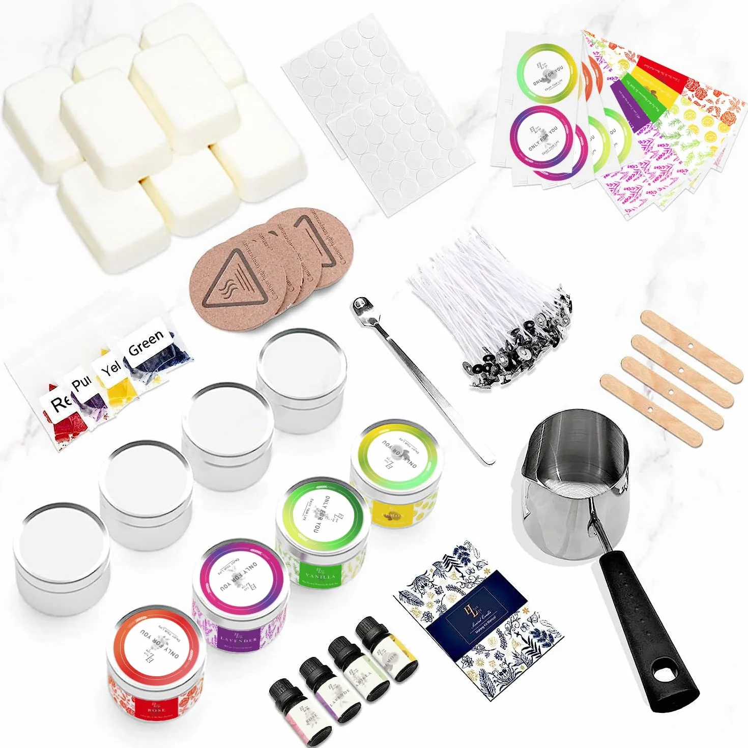 ETUOLIFE Kerzen Selber Machen Set,DIY Kerzenherstellung Kit,Duftkerze Geschenke Set mit 480g Sojawachs,Kerzen Schmelztopf,8 Kerzendosen,4 Duftöl,4 Farbblöcken,50 Candle Wicks Aufklebern,16 Stickers