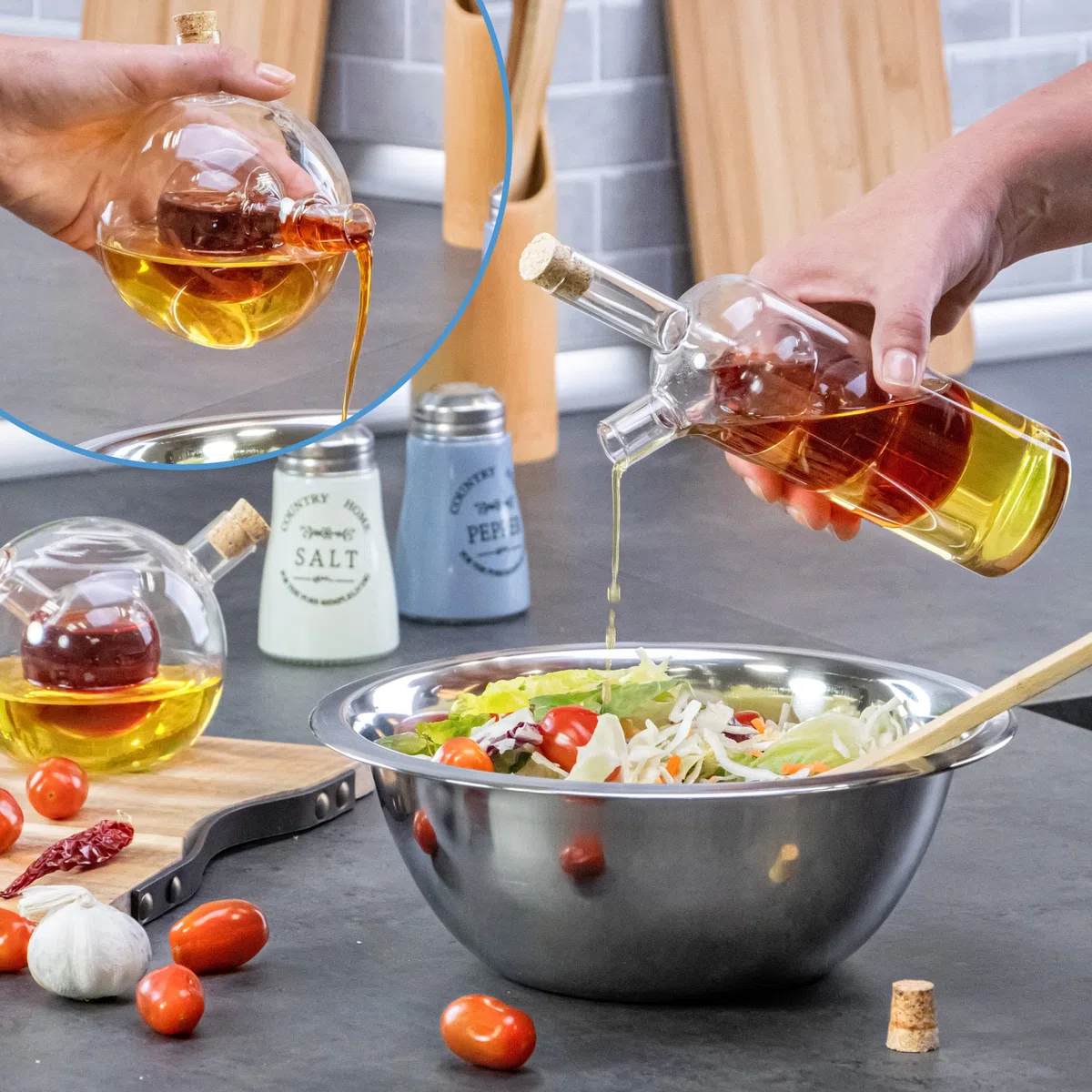2-teiliges Ölspender Set - 2 in 1 Essig- und Ölflasche mit Korken - Glasbehälter zum Befüllen - Glasflaschen mit Einsatz und 2 Öffnungen - Glaskaraffen