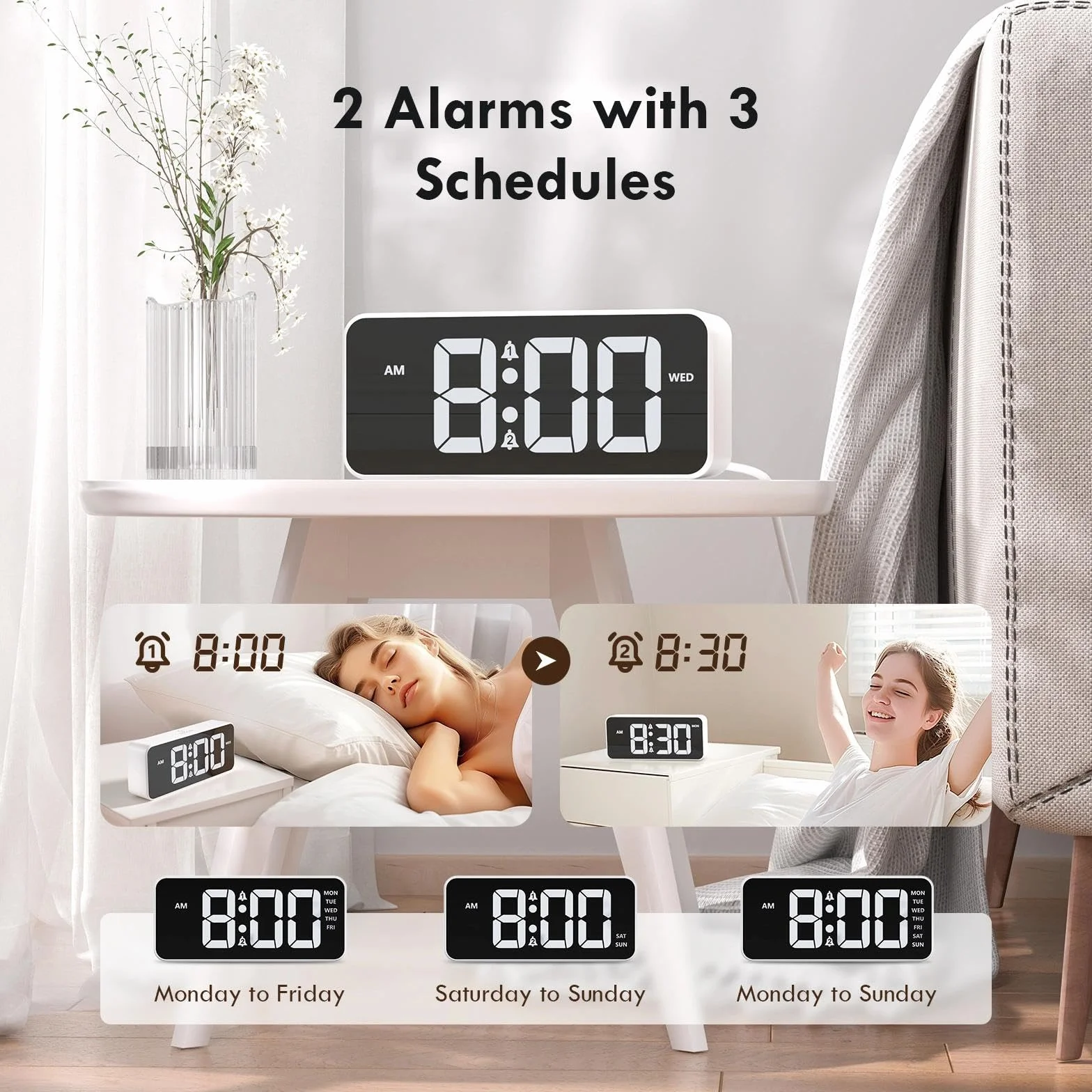 CHEREEKI Wecker Digital mit großem LED-Display, 10 Klingeltönen, Doppelalarm, Schlummerfunktion, 3 Alarmplänen, Einstellbarer Helligkeit und Lautstärke, Netzbetrieb, Adapter enthalten, Weiß