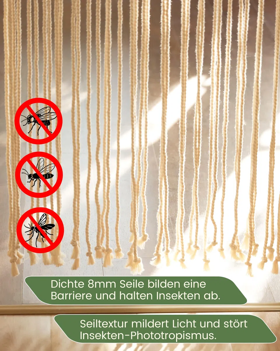 90x200cm Seilvorhang Türvorhang, 54 Stränge Beiger Boho Terrassentür Türvorhang, Fliegenvorhang Balkontür als Raumteiler und Dekoration für Balkon, Zimmer, Terrasse