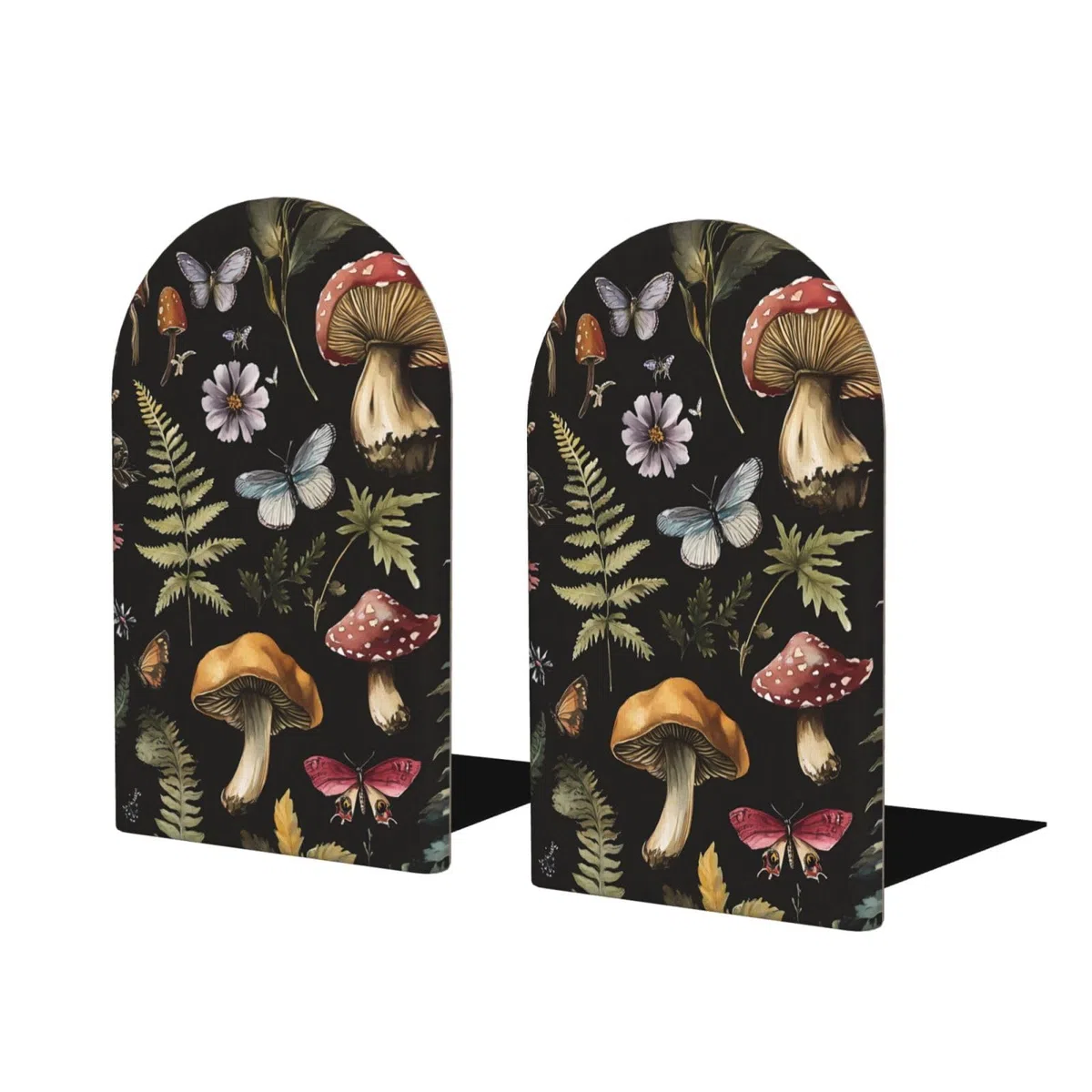 Buchstützen mit Pilz-Schmetterlingen, 1 Paar, Waldblumenblätter, Holz-Buchstützen für Regale, robuster Bücherregalhalter mit rutschfester Unterseite, Buchstopper für Zuhause, Büro, Bibliothek