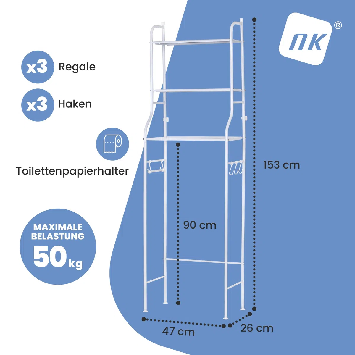 NK Badezimmerregal über Toilette – 153 x 47 x 26 cm, 3 obere Regalböden, 3 Haken, Toilettenpapierhalter, rutschfeste Füße, Struktur aus Eisen und Polypropylen, Weiß, einfache Montage