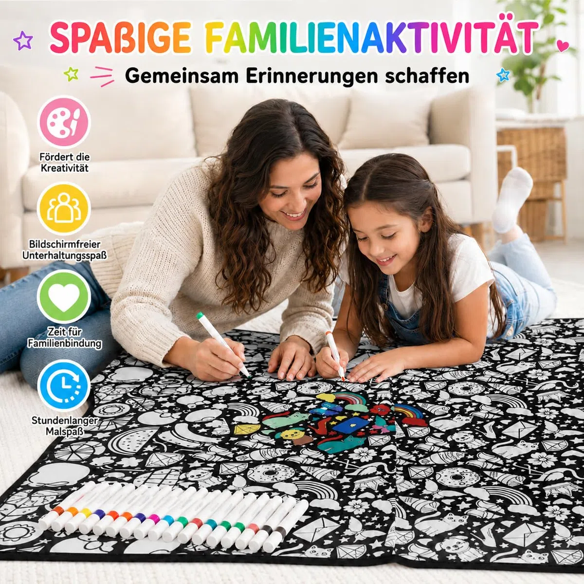 VEELU DIY Maldecke Decke zum Ausmalen mit 24 Stoffmalstiften, Decke zum Bemalen Erwachsene, Maldecke zum Ausmalen 150 x 115 cm, Kreative Geschenk für Familie & Freunde