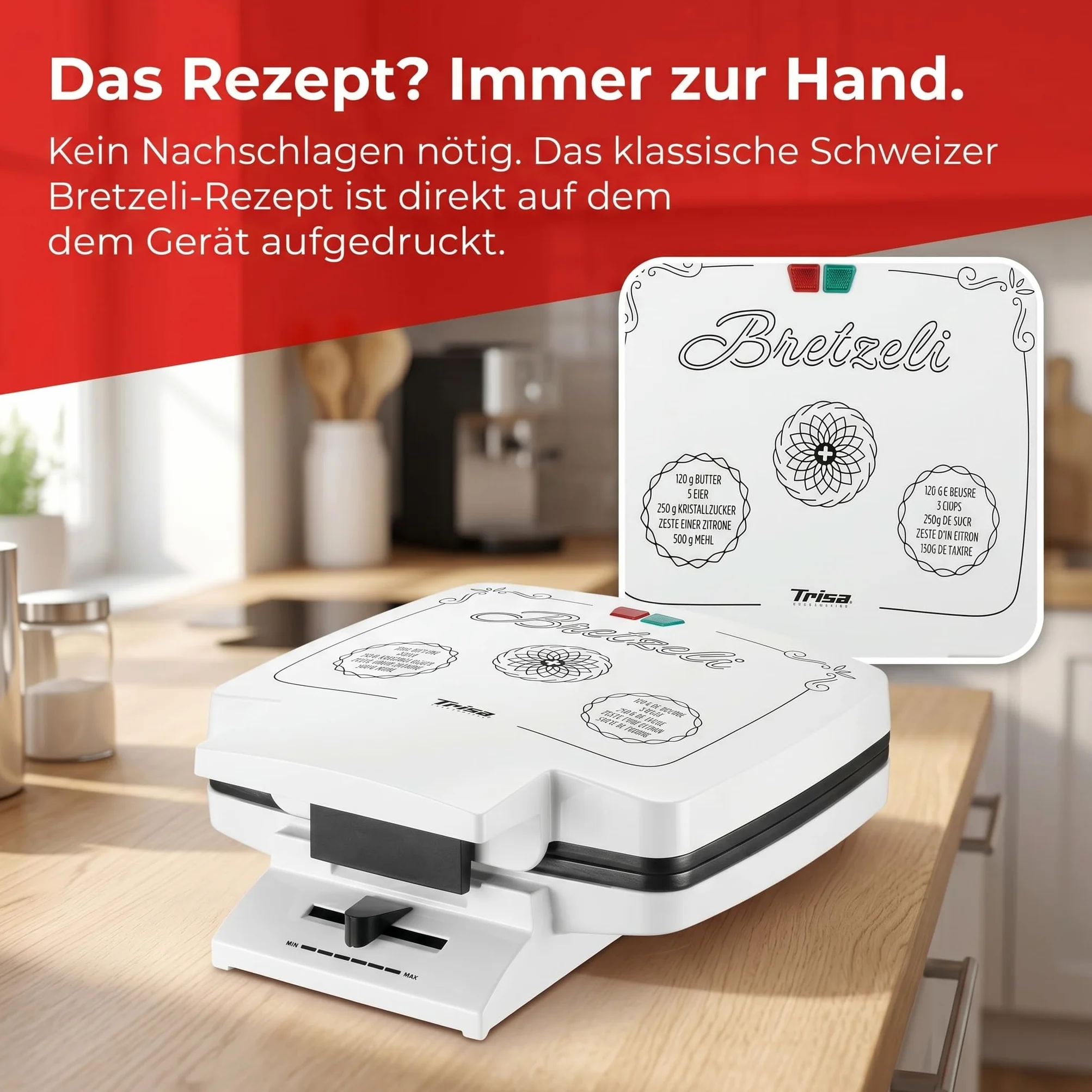 Trisa Bricelet Classique - Schweizer Bretzeli-Eisen 1000W, Premium Hörnchenautomat für 4 Waffeln mit edlen Motiv-Prägungen, Eiswaffel Maker inkl. Hörnchenformer & Rezept auf dem Deckel, Weiß