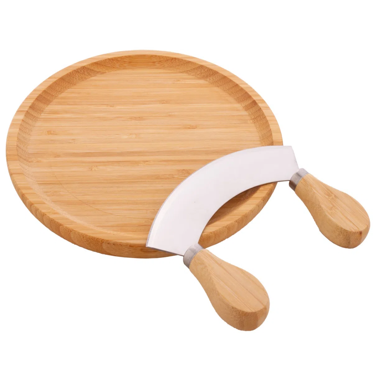 noTrash2003 Wiegemesser mit Brett - beidhändiges Kräutermesser mit Holzgriffen und einschneidiger Klinge für Kräuter und Gewürze mit Holzteller mit Mulde