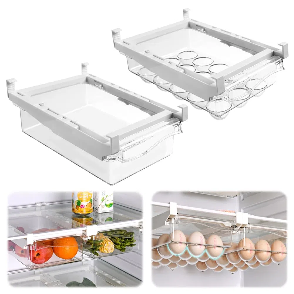 RANJIMA Kühlschrank Organizer Schublade, 2Pcs Kühlschrank Schubladen Ausziehbar Gemüsekiste+Eierhalter Aufbewahrungsbox Home Organizer Ordnungssystem für Kühlschrank Box Küche Haushalt