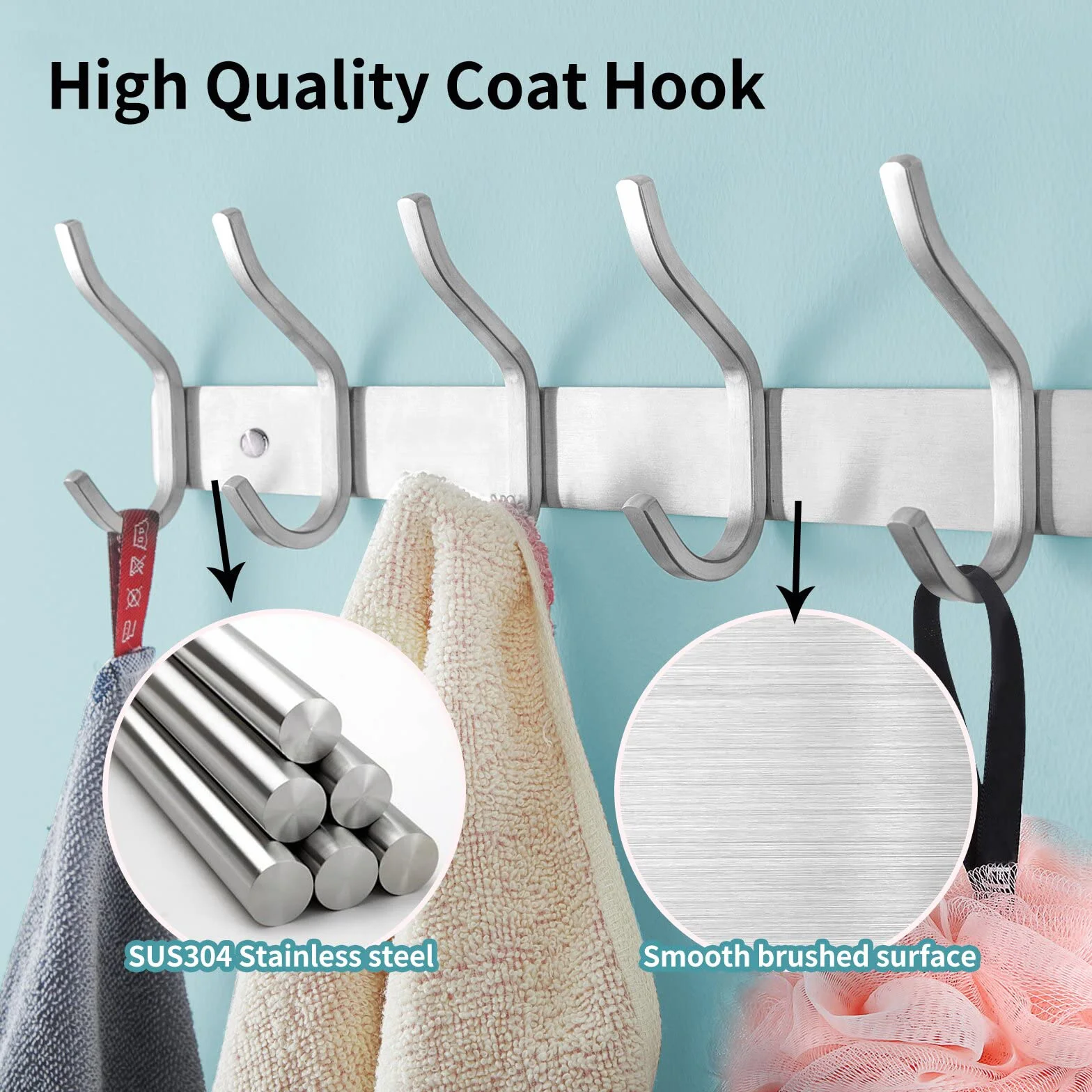 Garderobenhaken Edelstahl, Hakenleiste Kleiderhaken Wand mit 6 Haken, Garderobe Garderobenleiste Wandgarderobe für Schlafzimmer Bad Küche (Silber, 6 Haken)