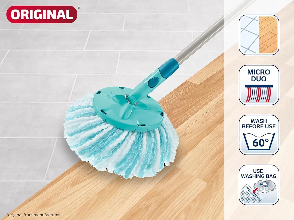 Leifheit 2er Set Ersatzkopf CLEAN Twist Disc Mop Micro Duo, für alle Bodenarten, ideale Schmutzaufnahme Dank 2-Faser-System, saugfähiger Microfaser, mit hoher Wasser- und Schmutzaufnahme, Ersatzbezug