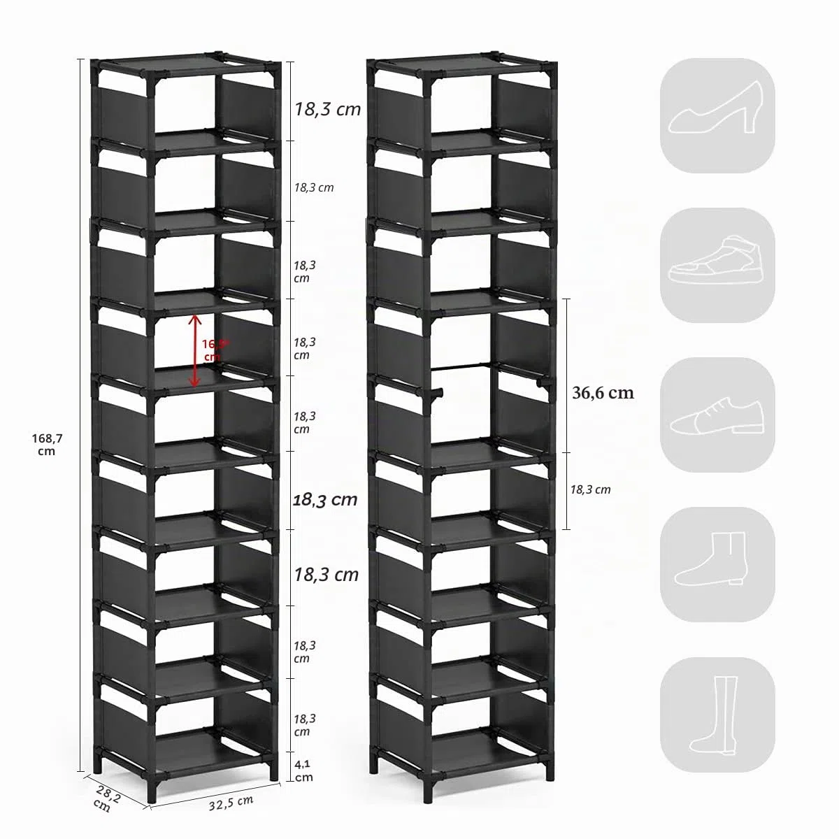 esonstyle Schmaler Schuhregal 10 Ebenen, Platzsparender Schuhschrank, 158 x 33 x 28 cm, Metallgestell, Einlegeböden aus Vliesstoff, geeignet für Wohnzimmer,Eingangsbereich, Flur, Garderobe, Ecke