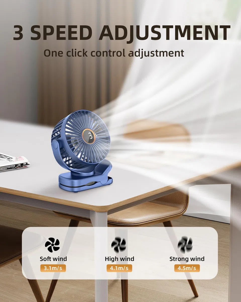 TUNISE USB Ventilator mit Clip, Mini Ventilator 3 Stufen 4,5 m/s, 2000mAh Akku 9,5Std Laufzeit, Tischventilator für Büro Kinderwagen Bett Camping,Blau