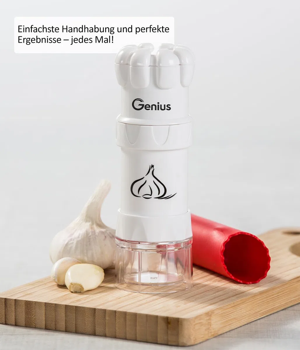Genius Knoblauchpresse G5 3-tlg, Knoblauchschneider Garlic Press mit Auffangbehälter und Deckel, Knoblauch Crusher, Küchenschneider Spülmaschinenfest einfach zu reinigen, Weiß