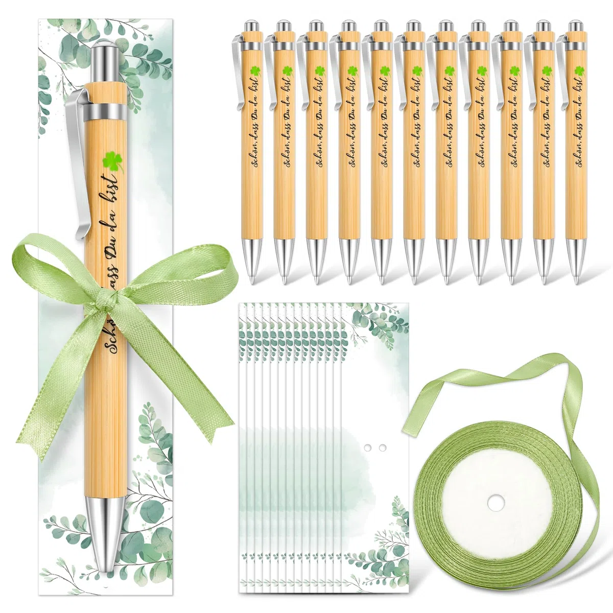Okoss 30 Stück Schön dass du da bist Holz Kugelschreiber mit Eukalyptus Karte, Stifte Gastgeschenke Hochzeit Taufe Kommunion Konfirmation Geburtstag Abschied Abschluss Dankeschön Geschenk