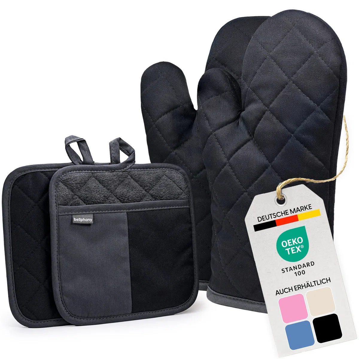 Bellphany Topflappen und Ofenhandschuhe Set - Topfhandschuhe zum Kochen & Backen, Backhandschuhe aus Baumwolle, hitzebeständig bis 250°C, Schwarz