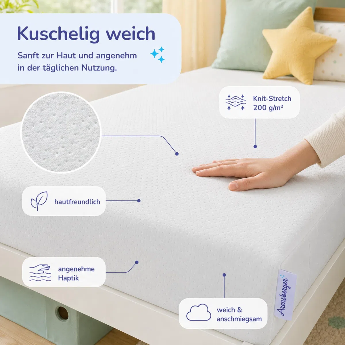 Arensberger Kindermatratze Babymatratze Nora | 60x120cm Höhe 12cm | Bezug waschbar & abnehmbar | punktelastischer Gelschaum | Jugend-matratze, allergiker freundlich Premium Bezug | Öko-Tex zertifizert