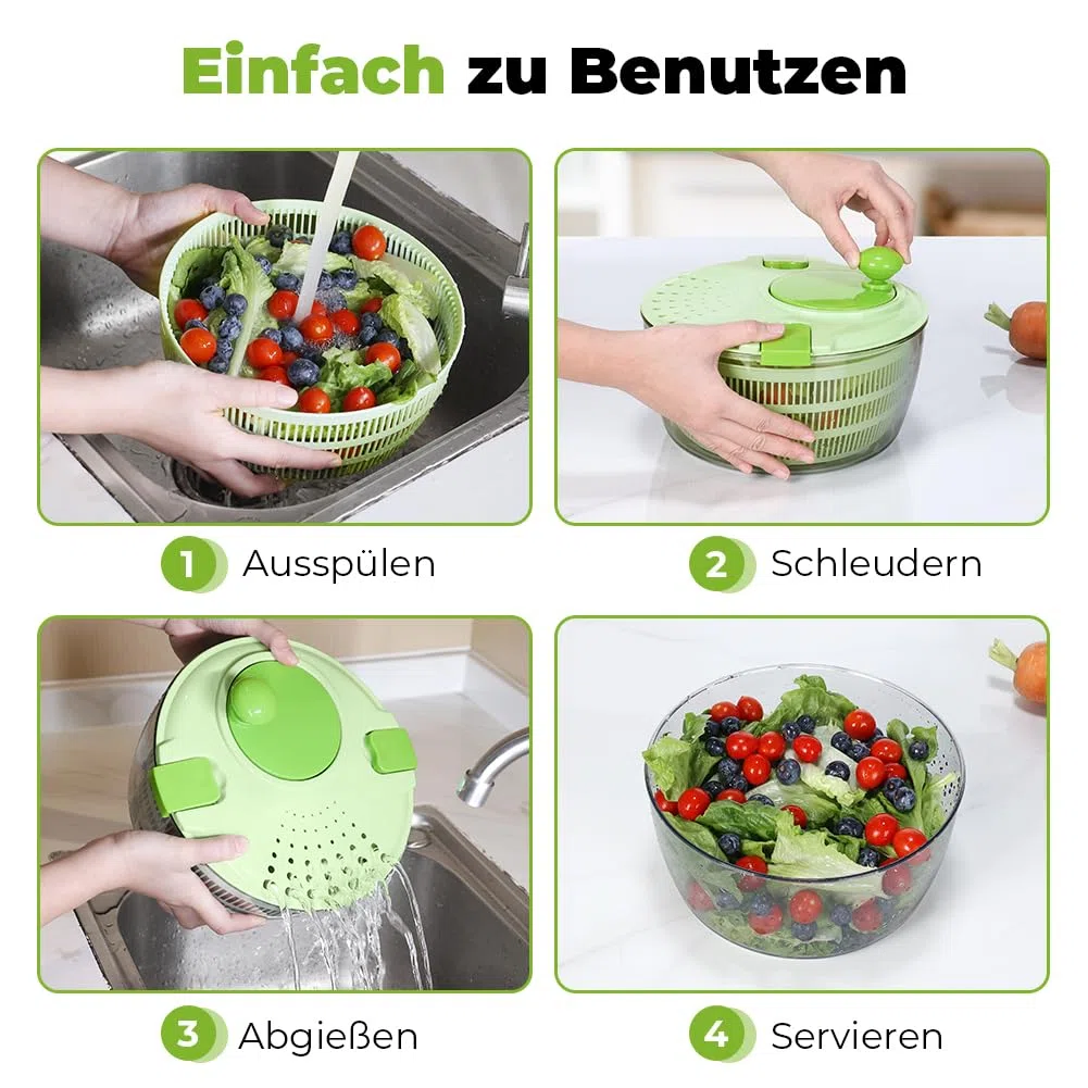 Salatschleuder mit Deckel, Hochwertige Kunststoff, BPA-frei, Salatschleudern mit Kurbelantrieb und 4,5L Salatschüssel und Masche, Wäscht und trocknet Salat, Gemüse und Obst