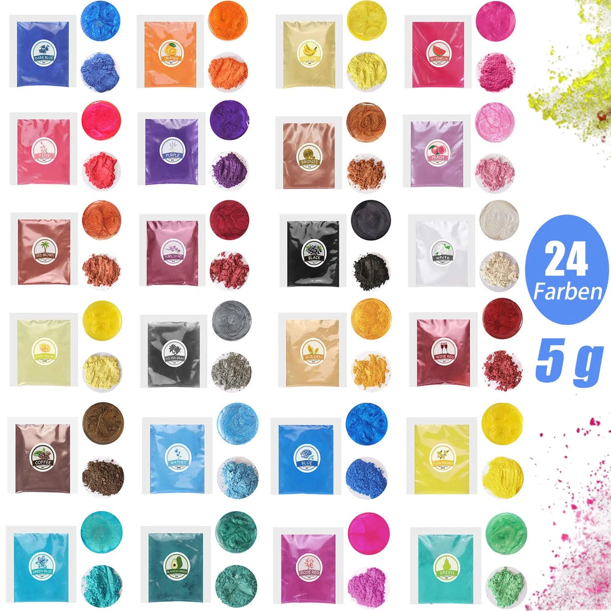 Epoxidharz Farbe Mica Pulver Set, 24 Farben x 5 g Hochkonzentrierte Farbpigmente für Gießpulver, Epoxidharz, Pigmentpulver Gießpulver, Perlglanz Pigmente für Schmuck, Seifen, Kerzen, Badebomben