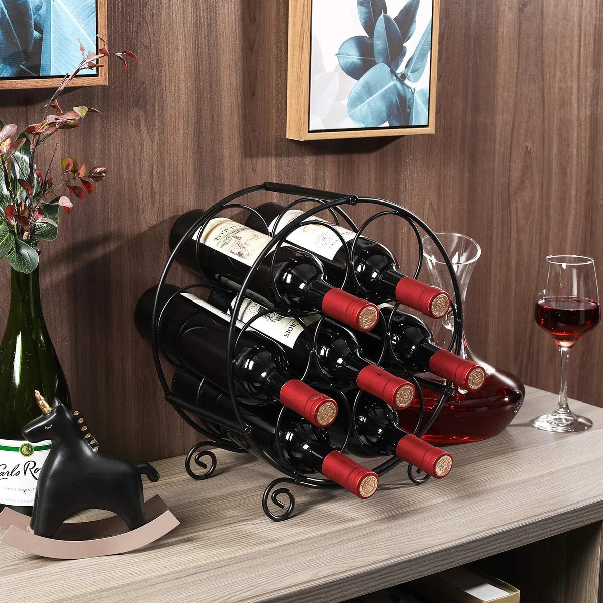 Weinregal Metall Schwarz Flaschenregal Wine Rack Weinflaschenhalter Schrank Shelf Weinhalter WeinstäNder Klein 7 Flaschen