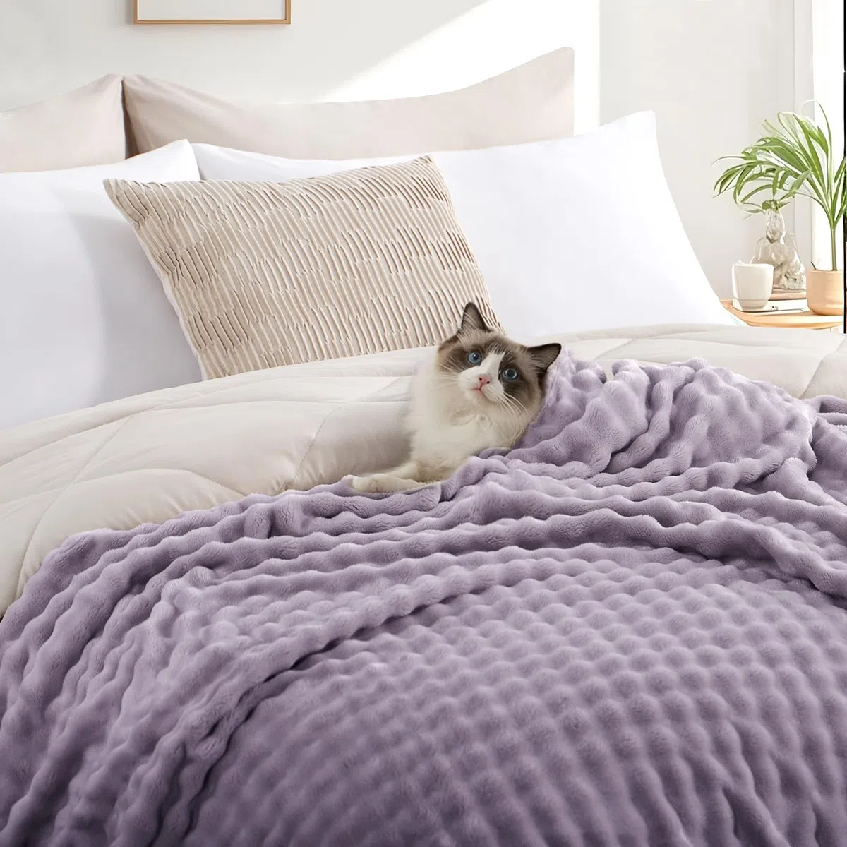 RUIKASI Bubble Decke Kuscheldecke Flauschig Violett - 150x200cm Sofadecke & Couchdecke aus Plüsch, Warme Fleece für Wohnzimmer Deko Blanket, Dicke Wohndecke