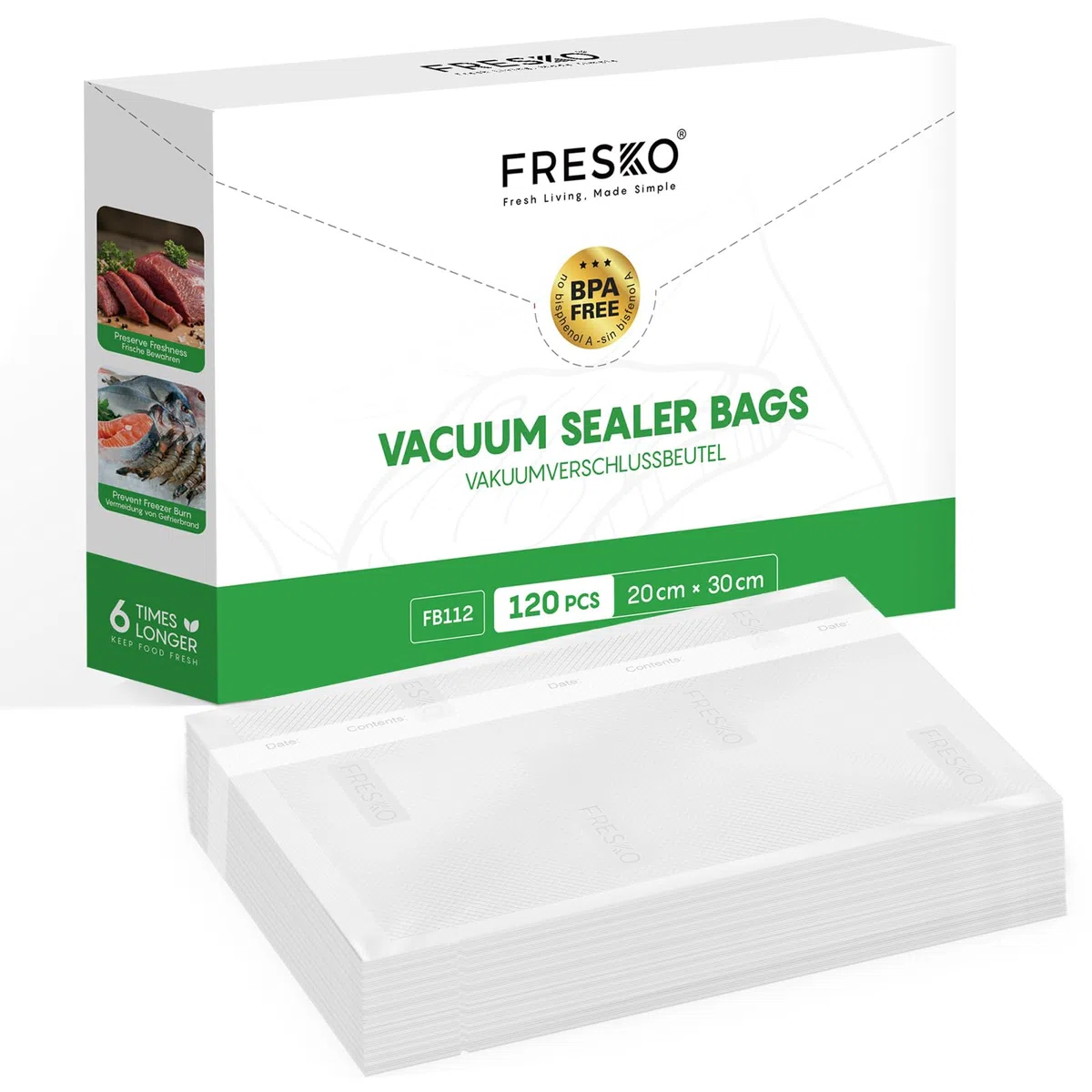 FRESKO Vakuumbeutel, Lebensmittel, 20 x 30 cm, 120 Beutel, geprägt, BPA-frei, Aufbewahrung, Einfrieren und Kochen im Vakuum, BPA-frei, geeignet für alle Vakuummaschinen