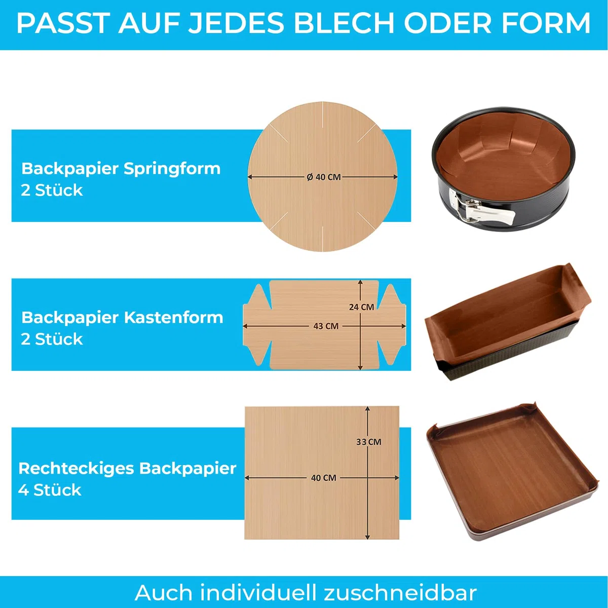 Dauerbackfolie (8er Set) - Premium Wiederverwendbares Backpapier - Dauerbackmatte für Kastenform und Springform - Hitzebeständig, Zuschneidbar, Antihaftbeschichtet, Spülmaschinenfest (8 Stück)