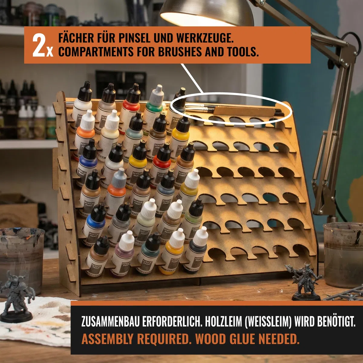 PROSCALE Wand-Farbenregal Farbständer für Tabletop-Farben & Modellbau 26 mm Dropper-Flaschenhalter mit Pinselhalter Kompatibel mit Vallejo, Army Painter, AK