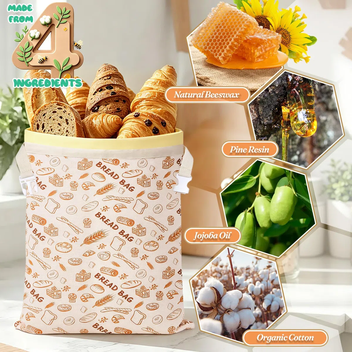 2 Stück Bienenwachs Brotbeutel Leinen, Wiederverwendbare Brotsack mit Tragegurten, Leinenbeutel für Brot, Brotbeutel Aufbewahrung Frischhalten, zum Aufbewahren von Brot, Baguettes, Gemüse und Obst