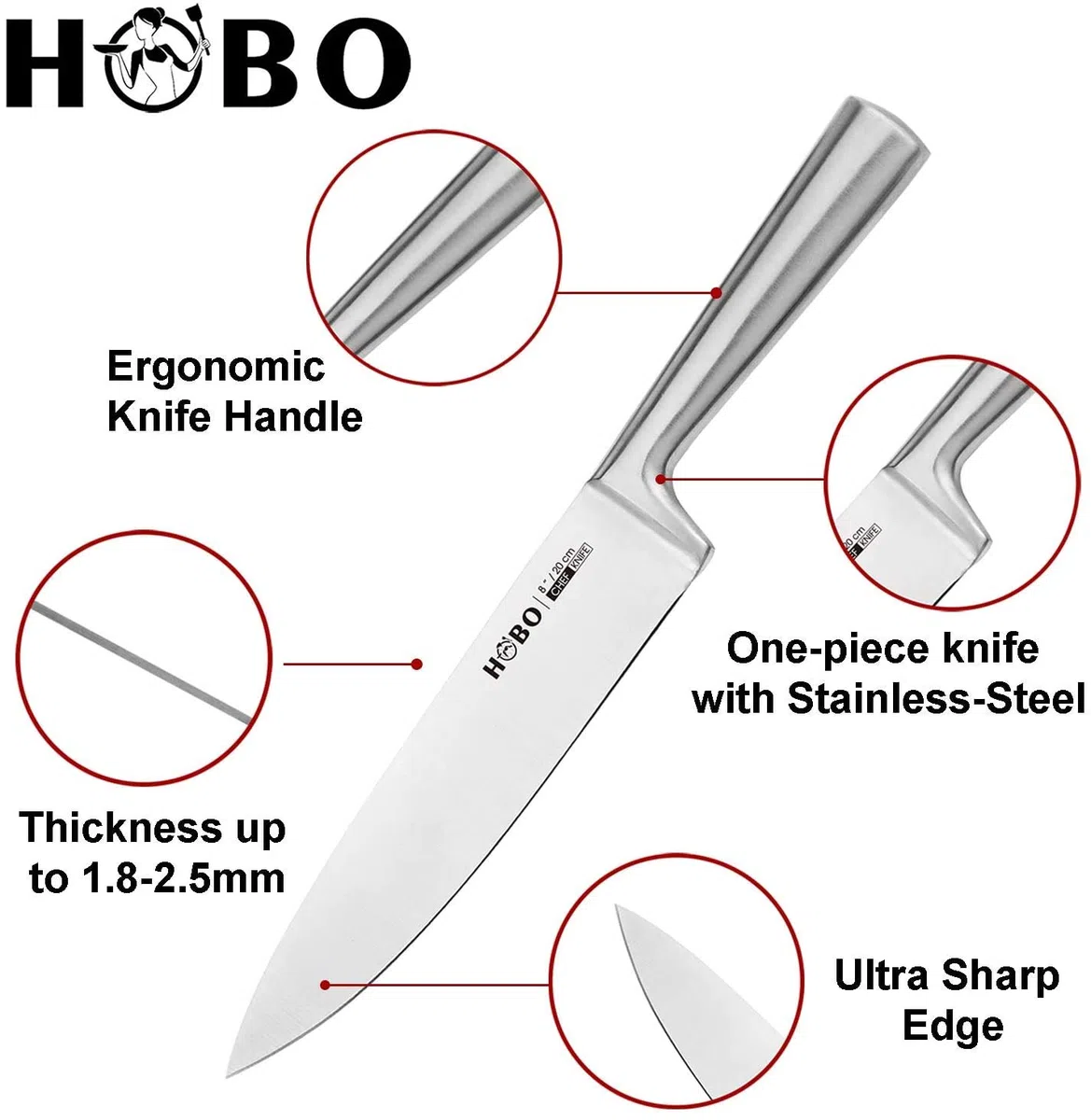 HOBO Profi Messer Set 5 teilige, Küchenmesser Set mit Edelstahlklinge aus Edelstahl, Scharfes, Rutschfester, Gefrosteter Griff - Kochmesser/Brotmesser/Santoku/Universalmesser/Gemüsemesser