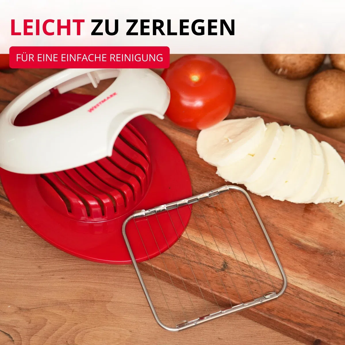 Westmark Mozzarellaschneider/-teiler, einzeln gespannte Schneiddrähte aus Edelstahl, Kunststoff/Rostfreier Edelstahl, Caprese, Rot/Weiß, 11642260, 17 x 13 x 3.1 cm