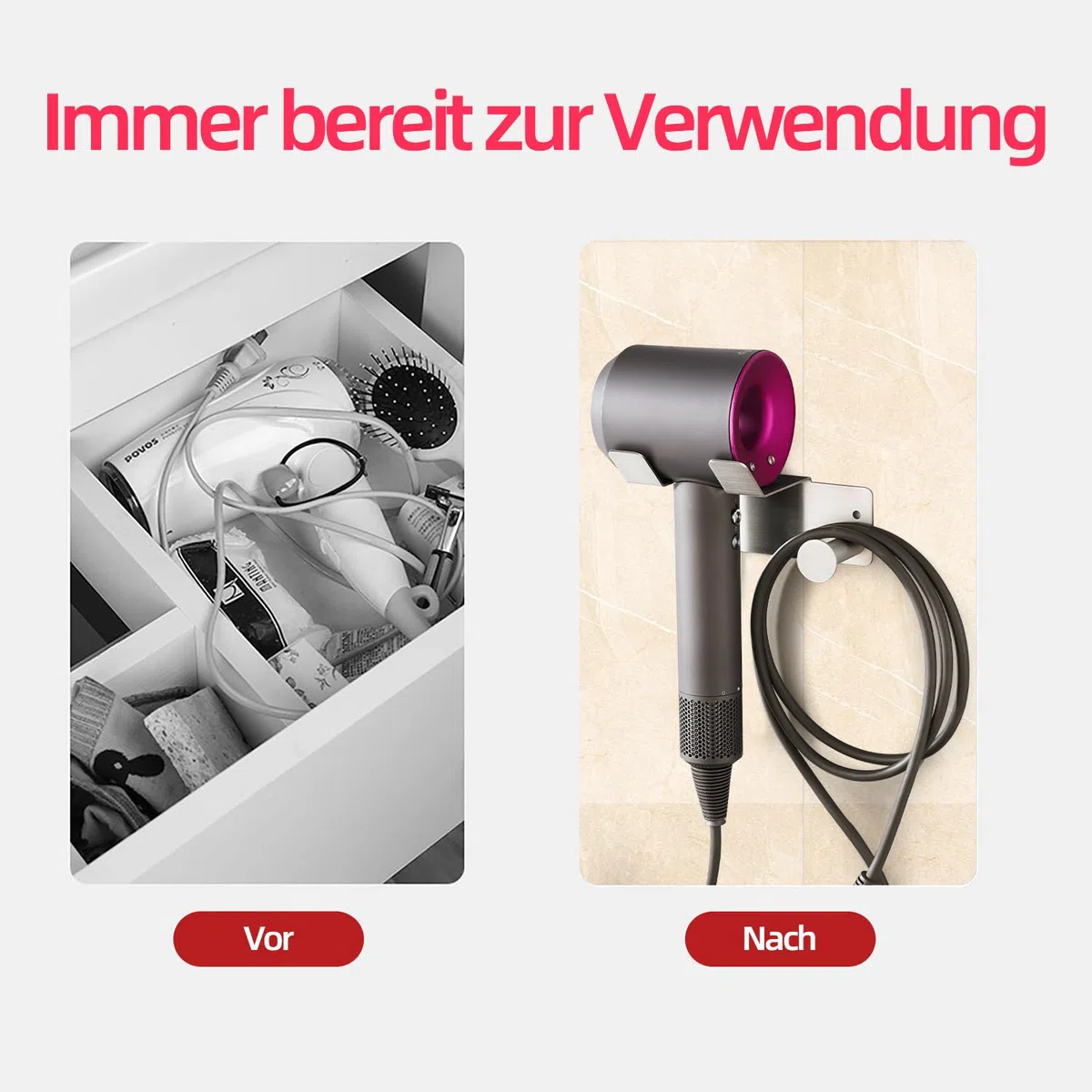 Föhn Halterung, Fönhalter Ohne Bohren, SUS304 Edelstahl Wand Ohne Bohren Föhnhalter Geeignet für die Meisten Haartrockner, Föhn Halterung Ohne Bohren fürs Badezimmer