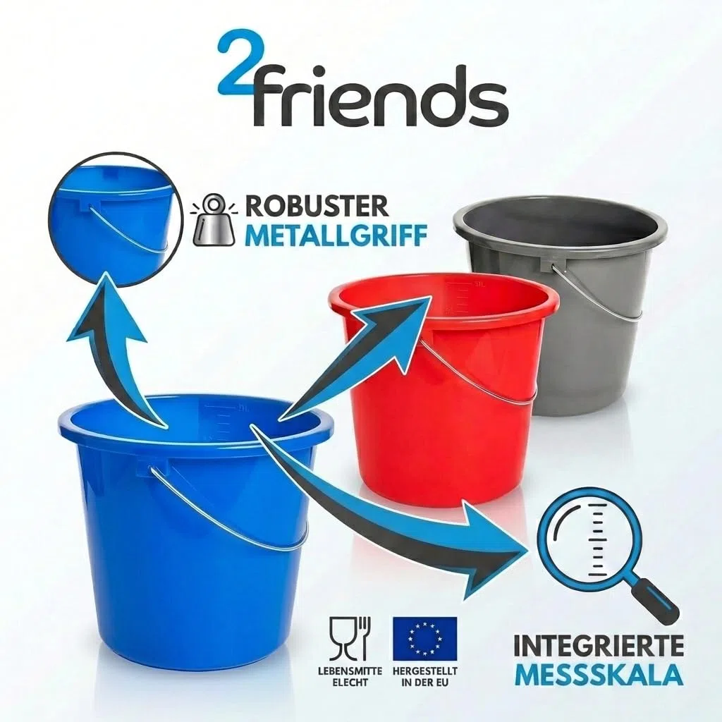Eimer 10 Liter 3er Set, Putzeimer 10l Kunststoff mit Metallgriff & Messskala, Lebensmittelecht, Kübel Putzkübel Wischeimer, Made in EU